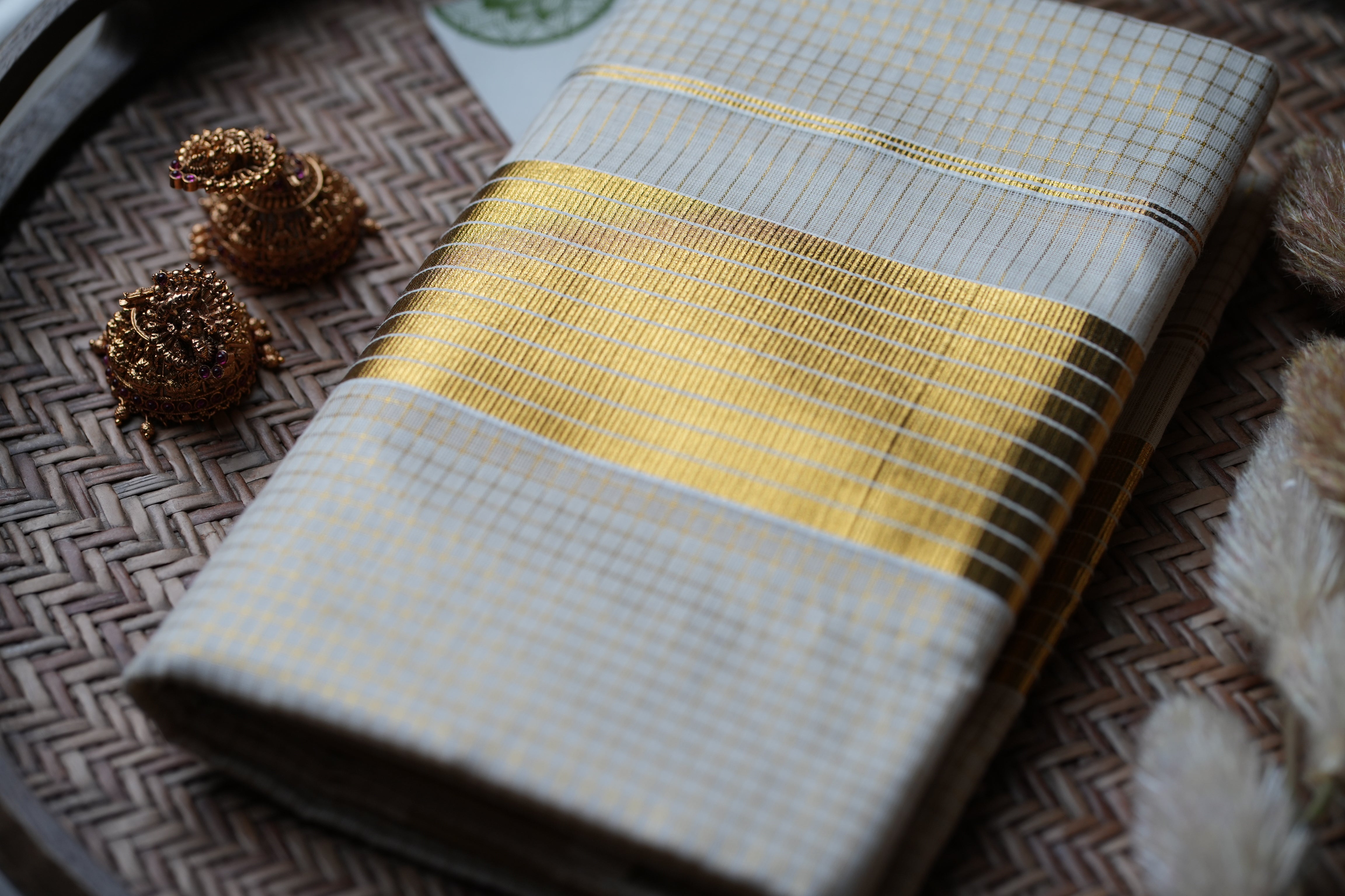 Golden Symphony: Premium Kerala Set Mundu with Micro Gold Checks