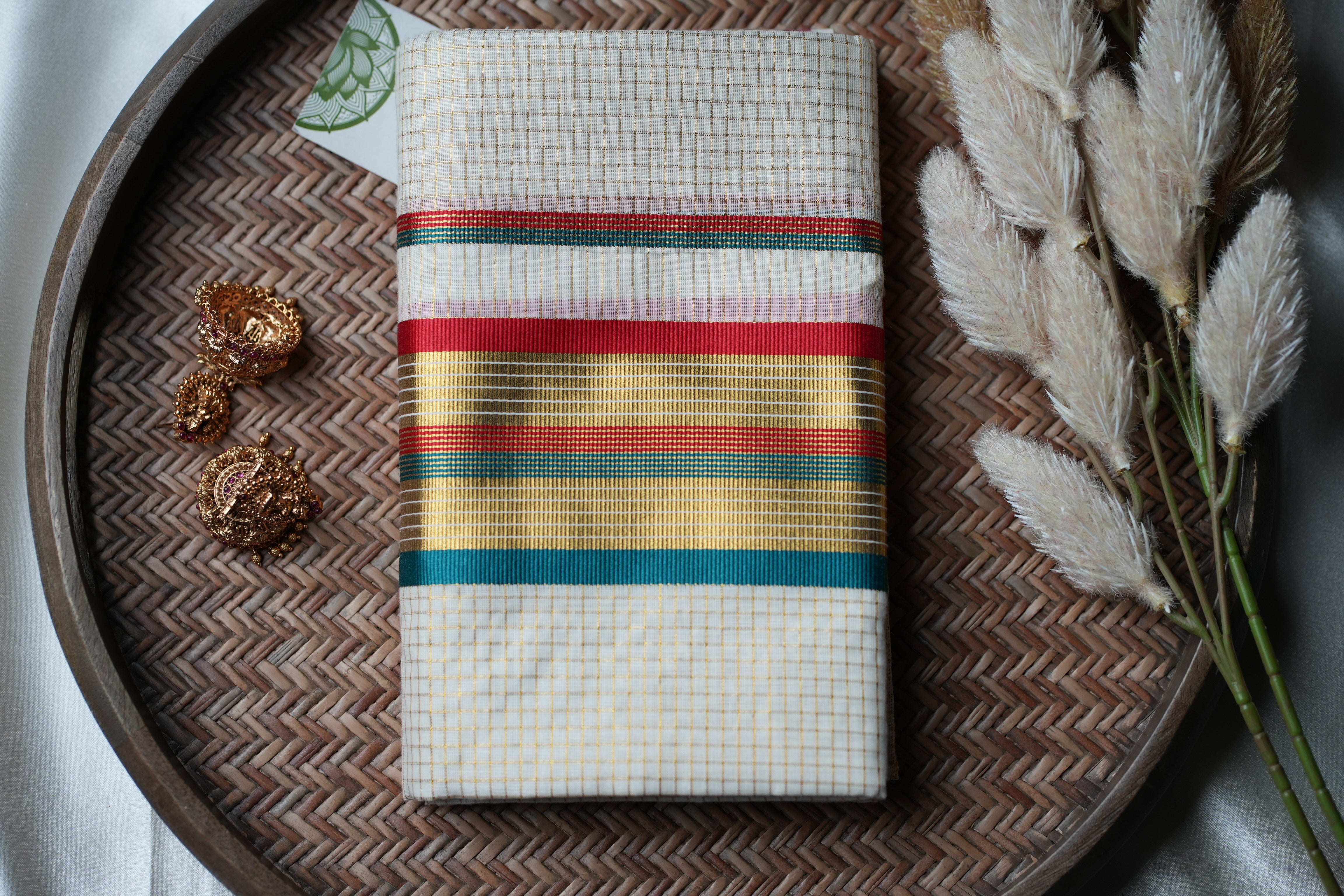 Festive Kaleidoscope: Premium Kerala Set Mundu with Gold Checks and Multi-Tone Accents