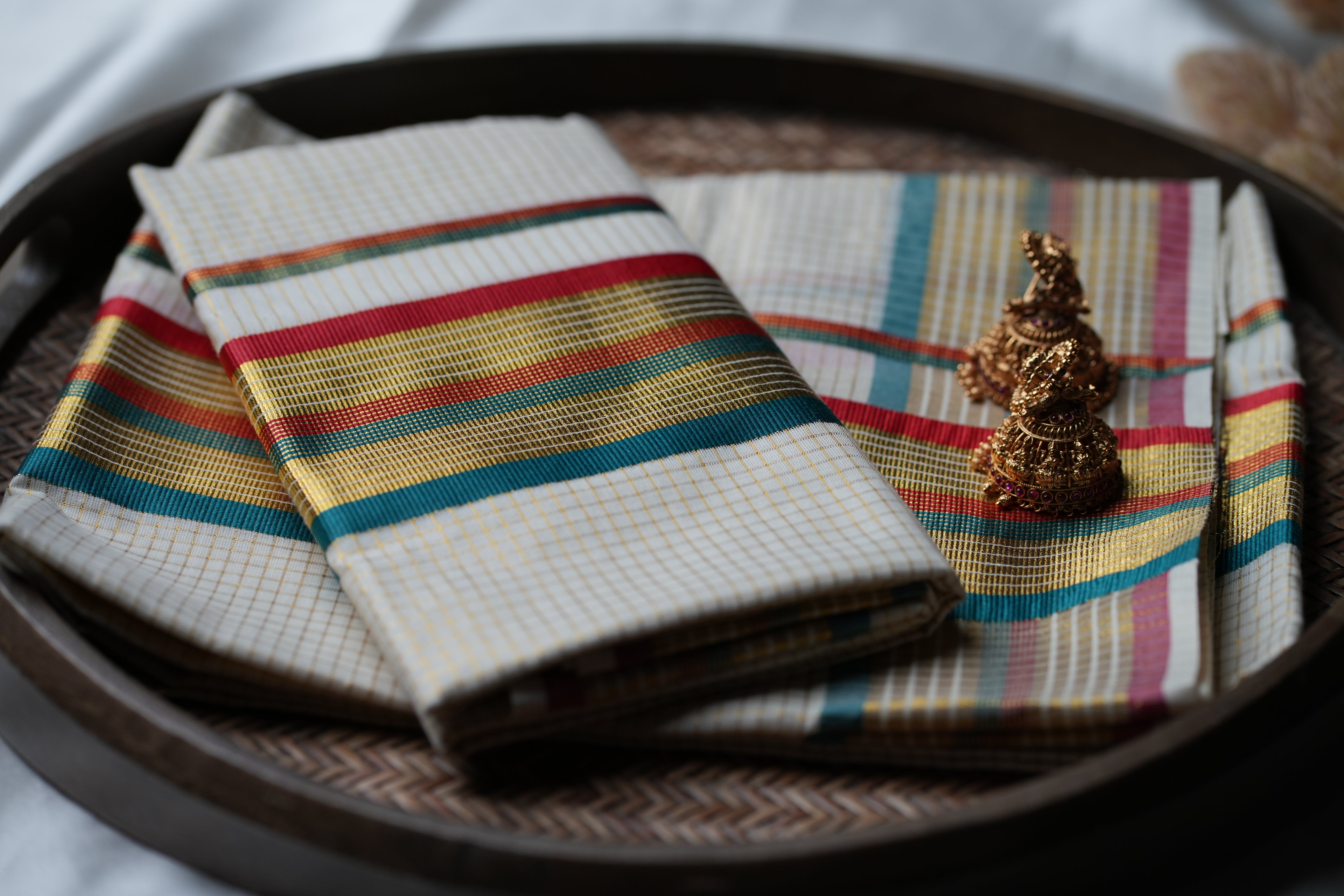 Festive Kaleidoscope: Premium Kerala Set Mundu with Gold Checks and Multi-Tone Accents