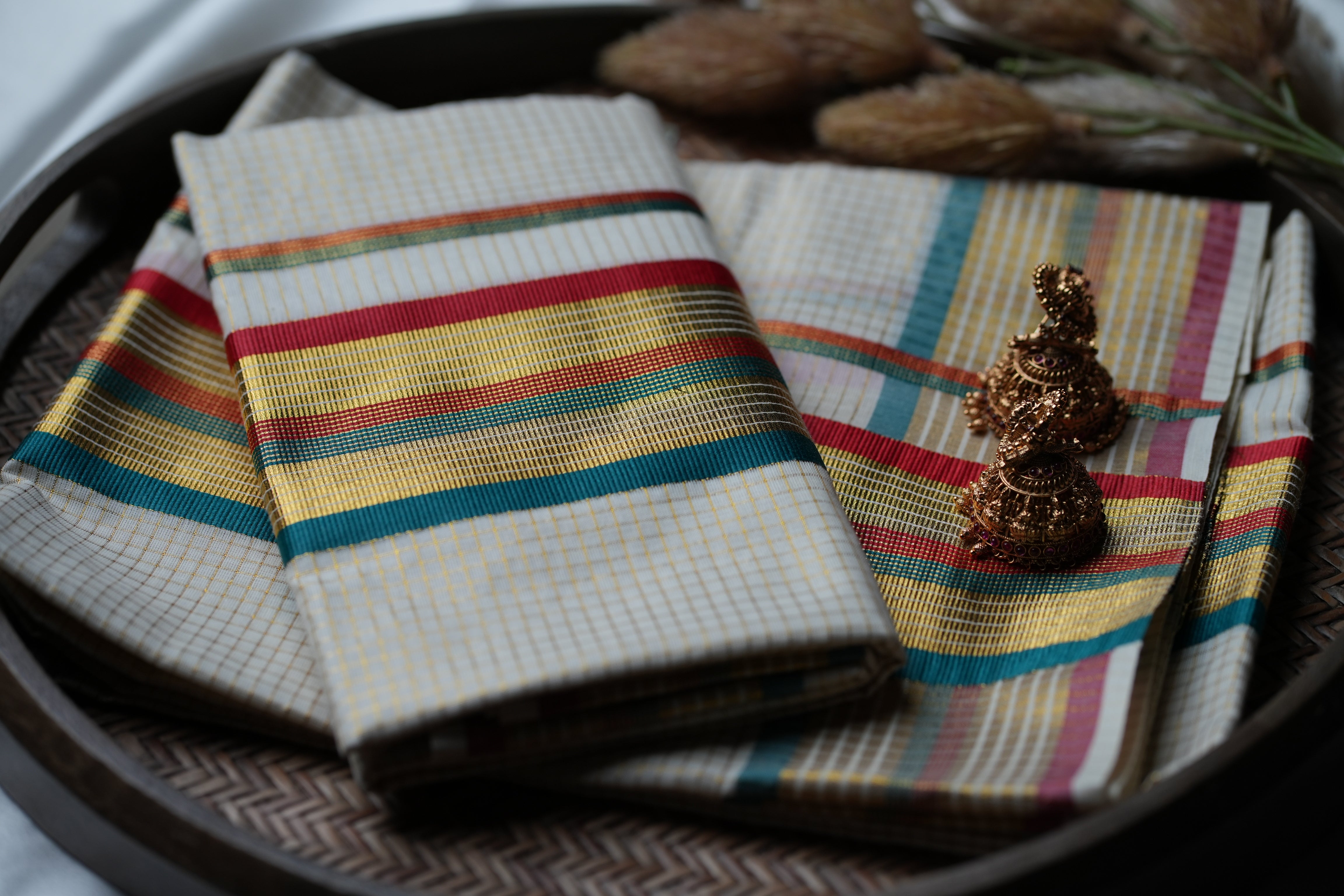 Festive Kaleidoscope: Premium Kerala Set Mundu with Gold Checks and Multi-Tone Accents
