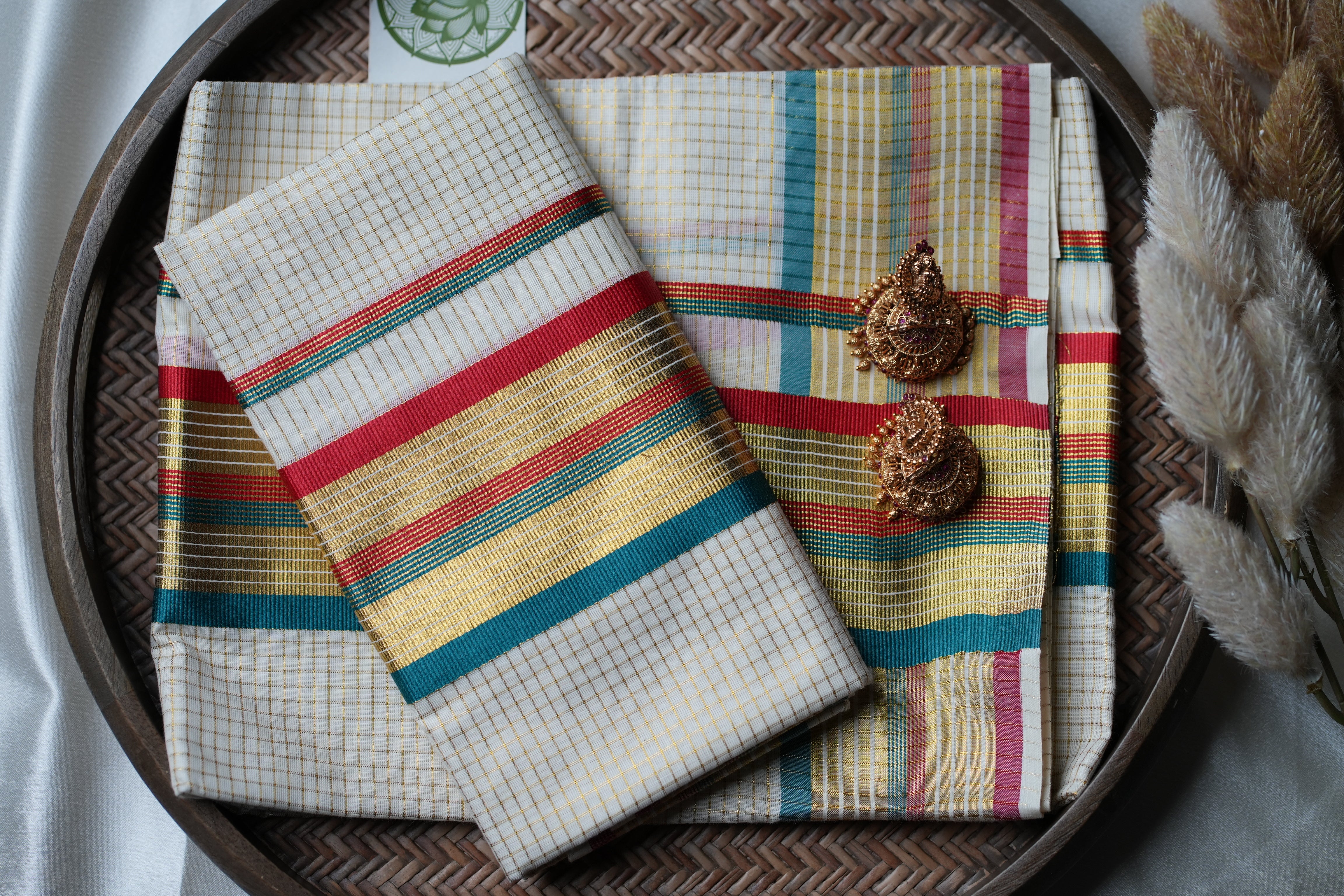 Festive Kaleidoscope: Premium Kerala Set Mundu with Gold Checks and Multi-Tone Accents