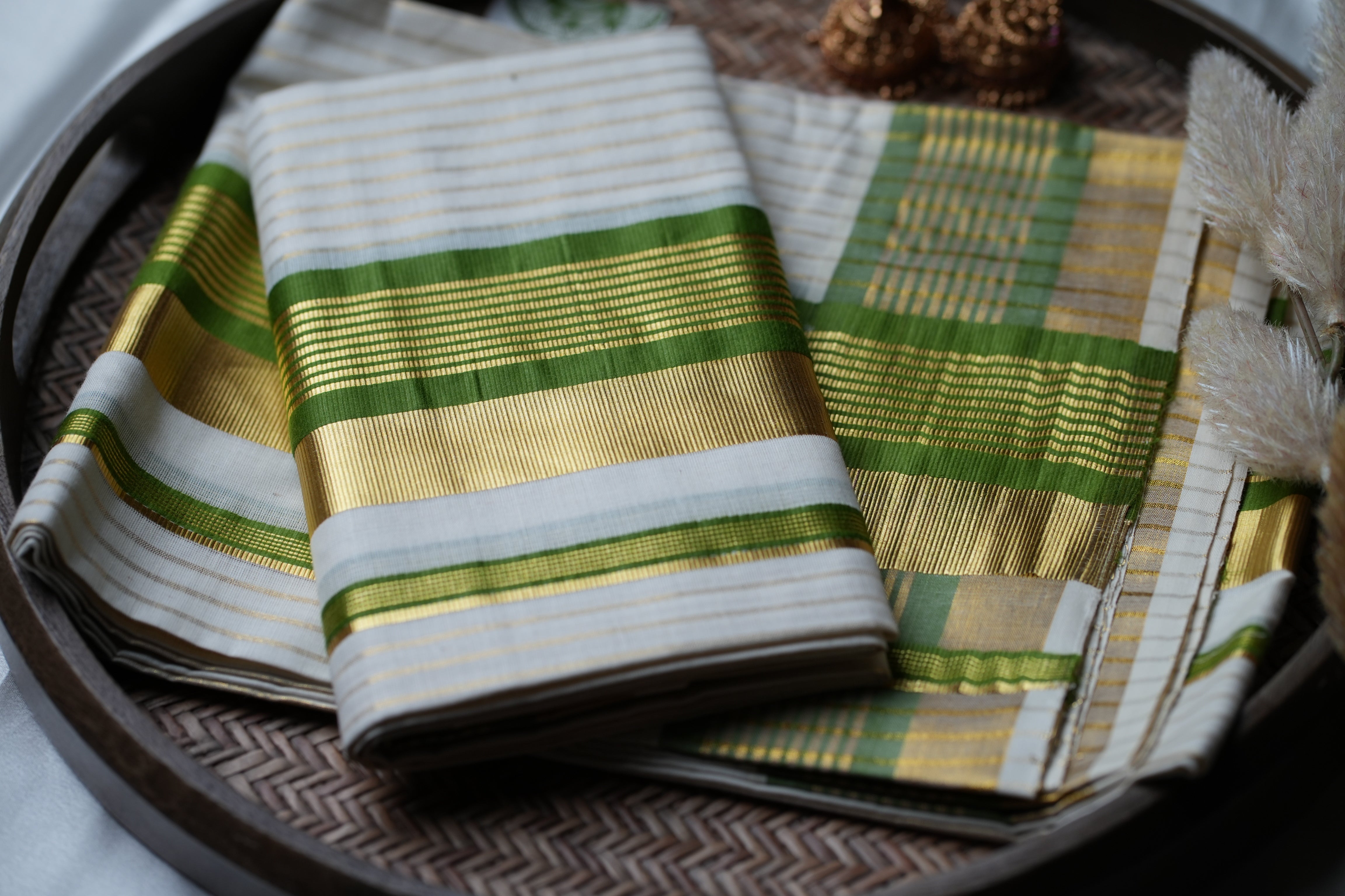 Verdant Majesty: Premium Kerala Set Mundu with Gold Lines and Green Accents