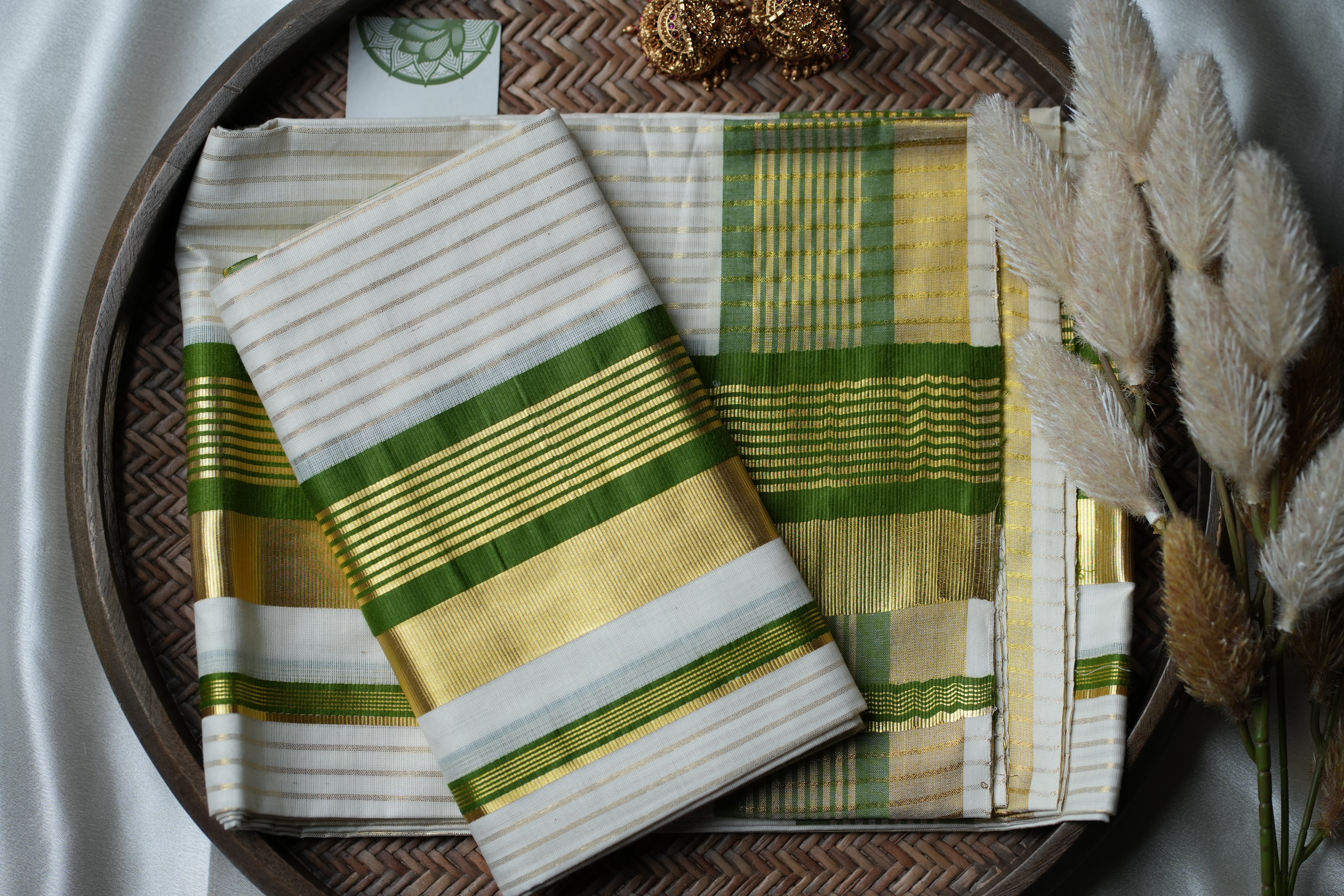 Verdant Majesty: Premium Kerala Set Mundu with Gold Lines and Green Accents