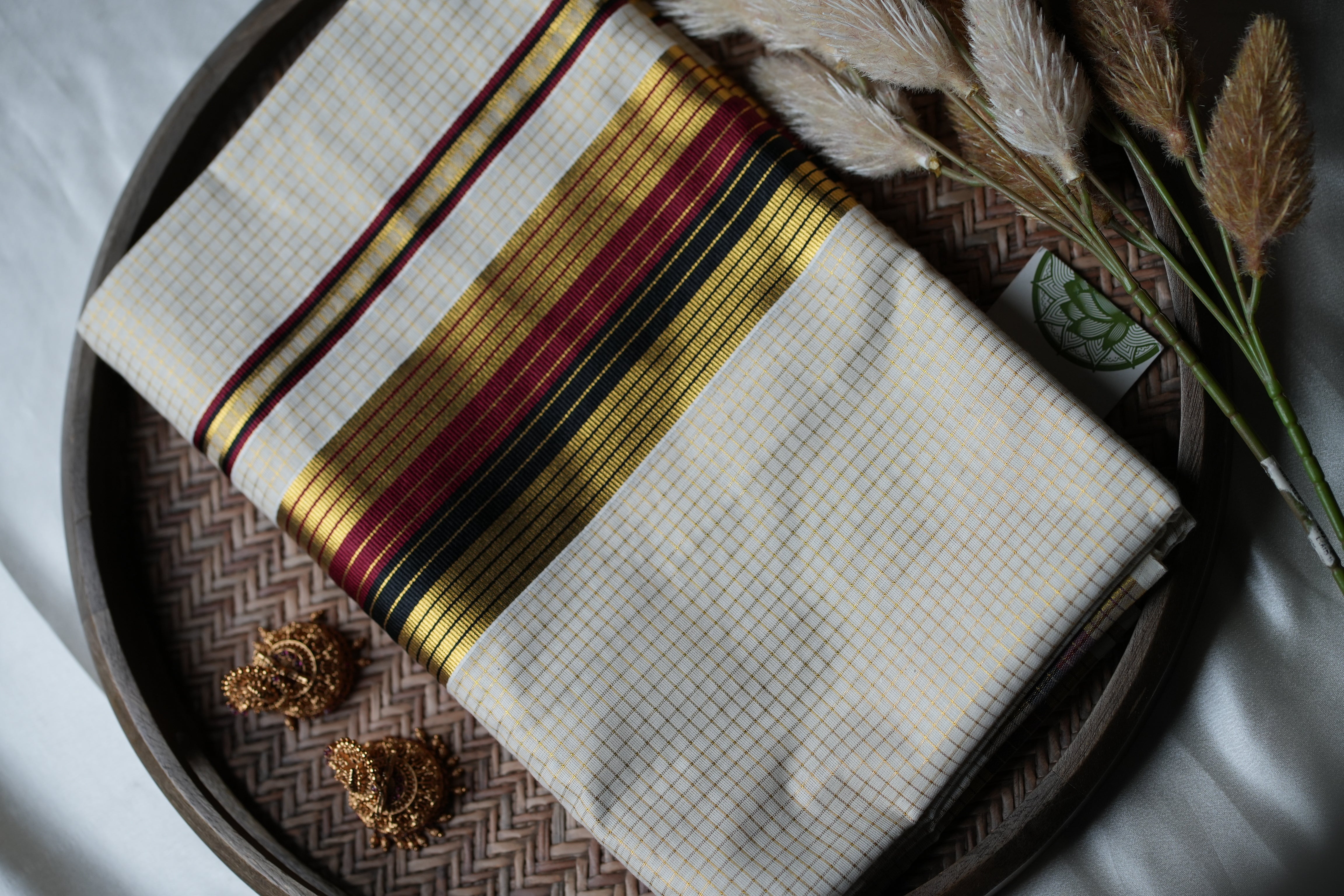 Regal Heritage : Premium Kerala Cotton Set Saree with Gold Checks, Maroon & Black Accents