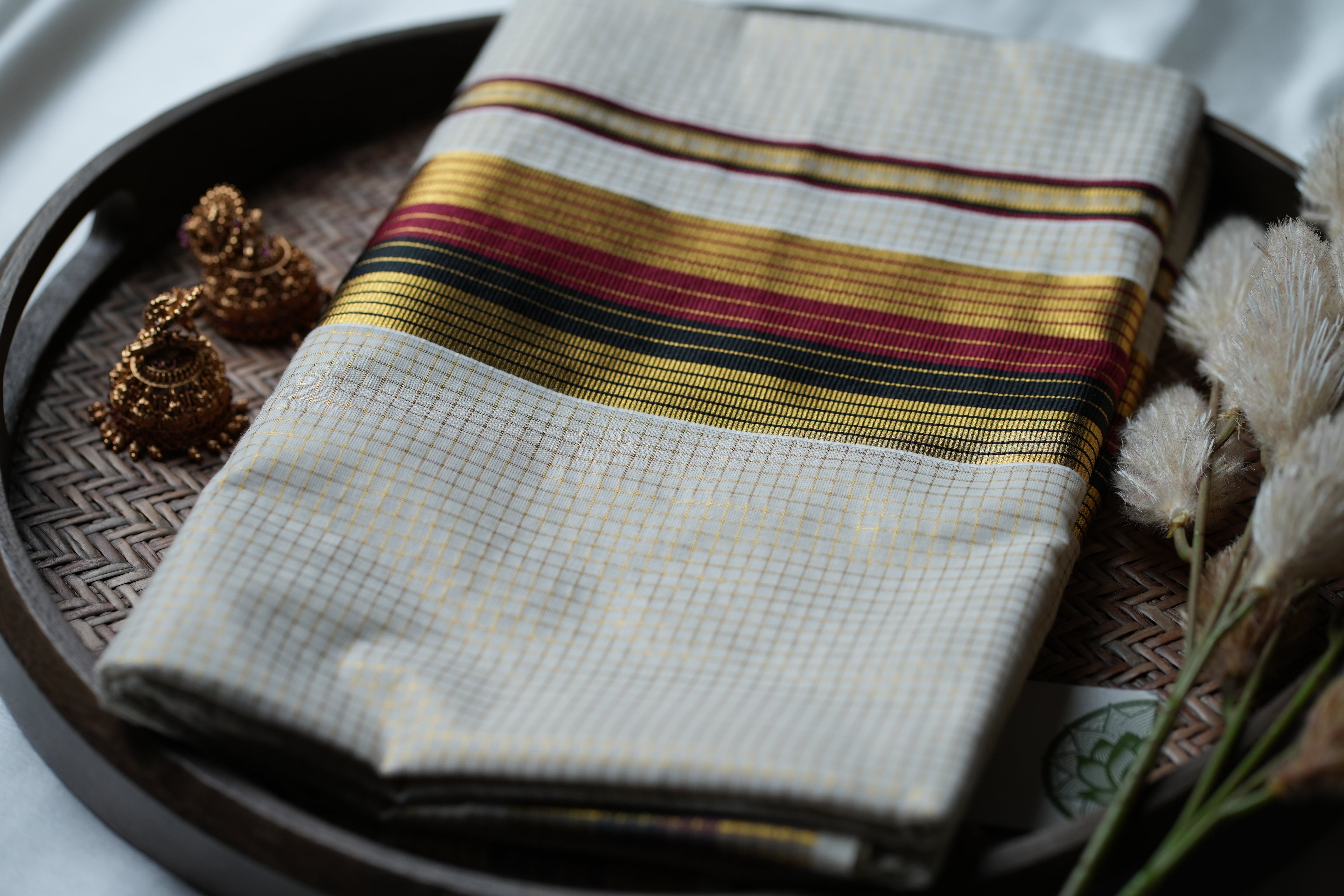 Regal Heritage : Premium Kerala Cotton Set Saree with Gold Checks, Maroon & Black Accents
