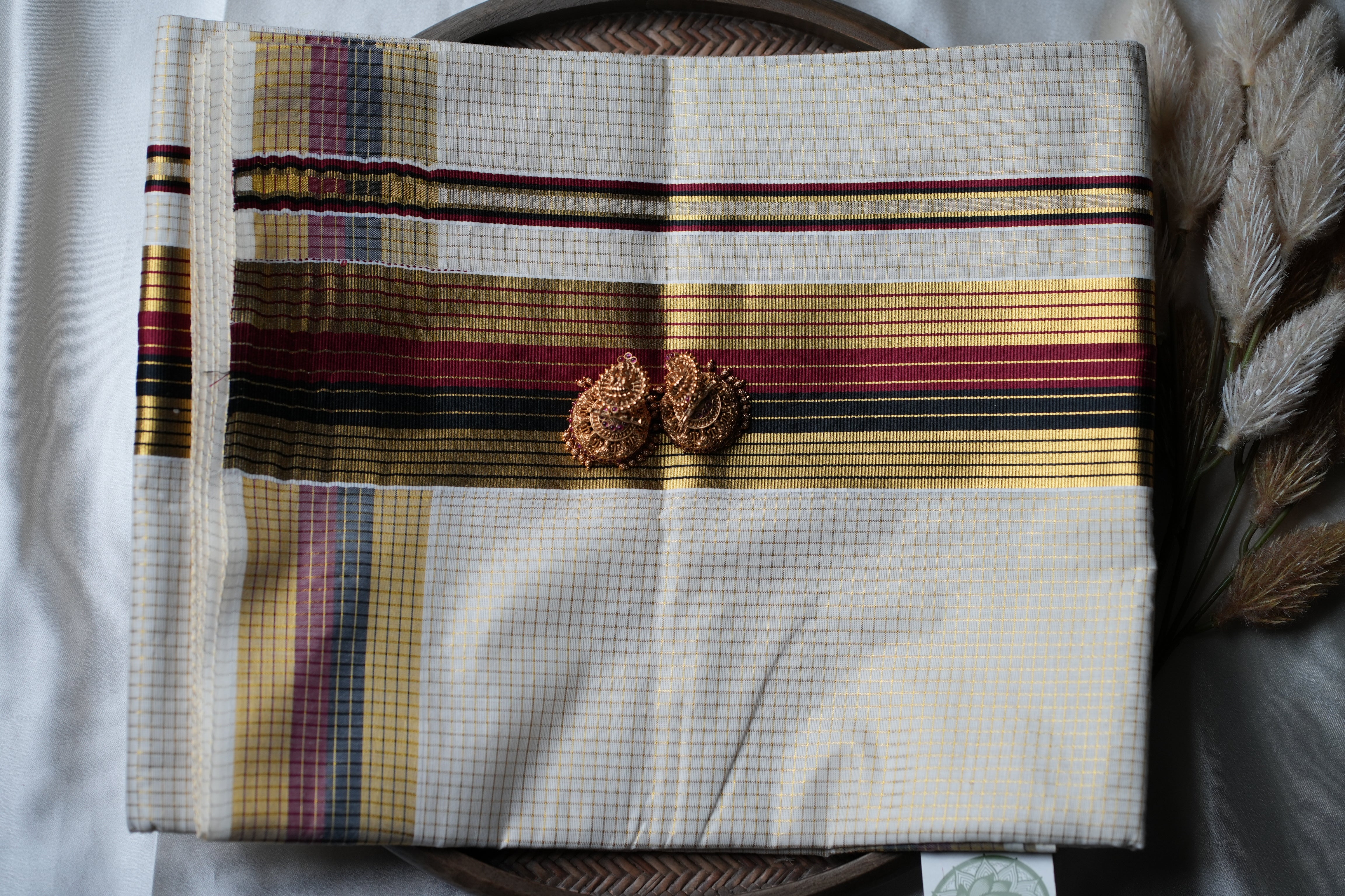 Regal Heritage : Premium Kerala Cotton Set Saree with Gold Checks, Maroon & Black Accents
