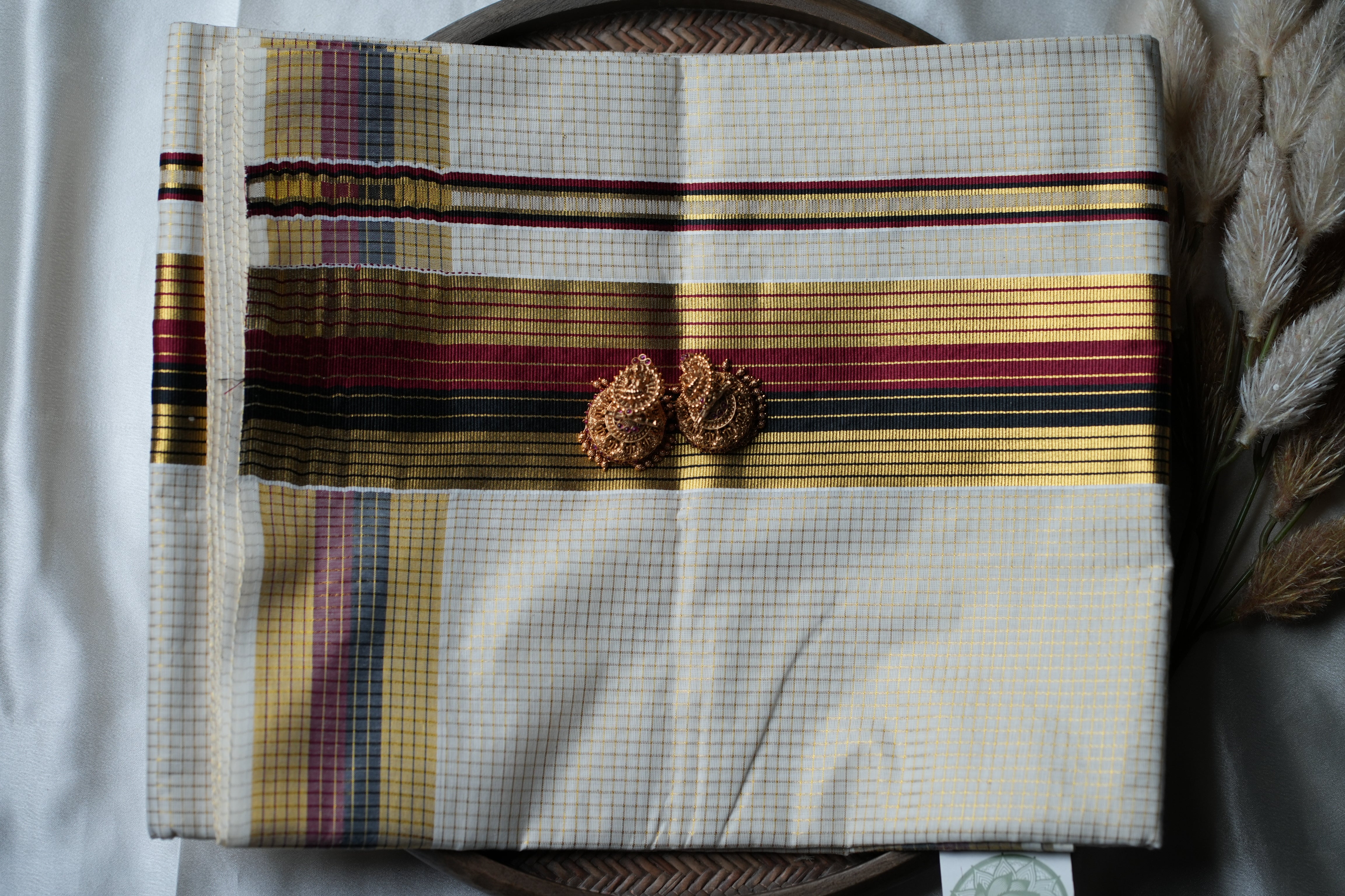 Regal Heritage : Premium Kerala Cotton Set Saree with Gold Checks, Maroon & Black Accents