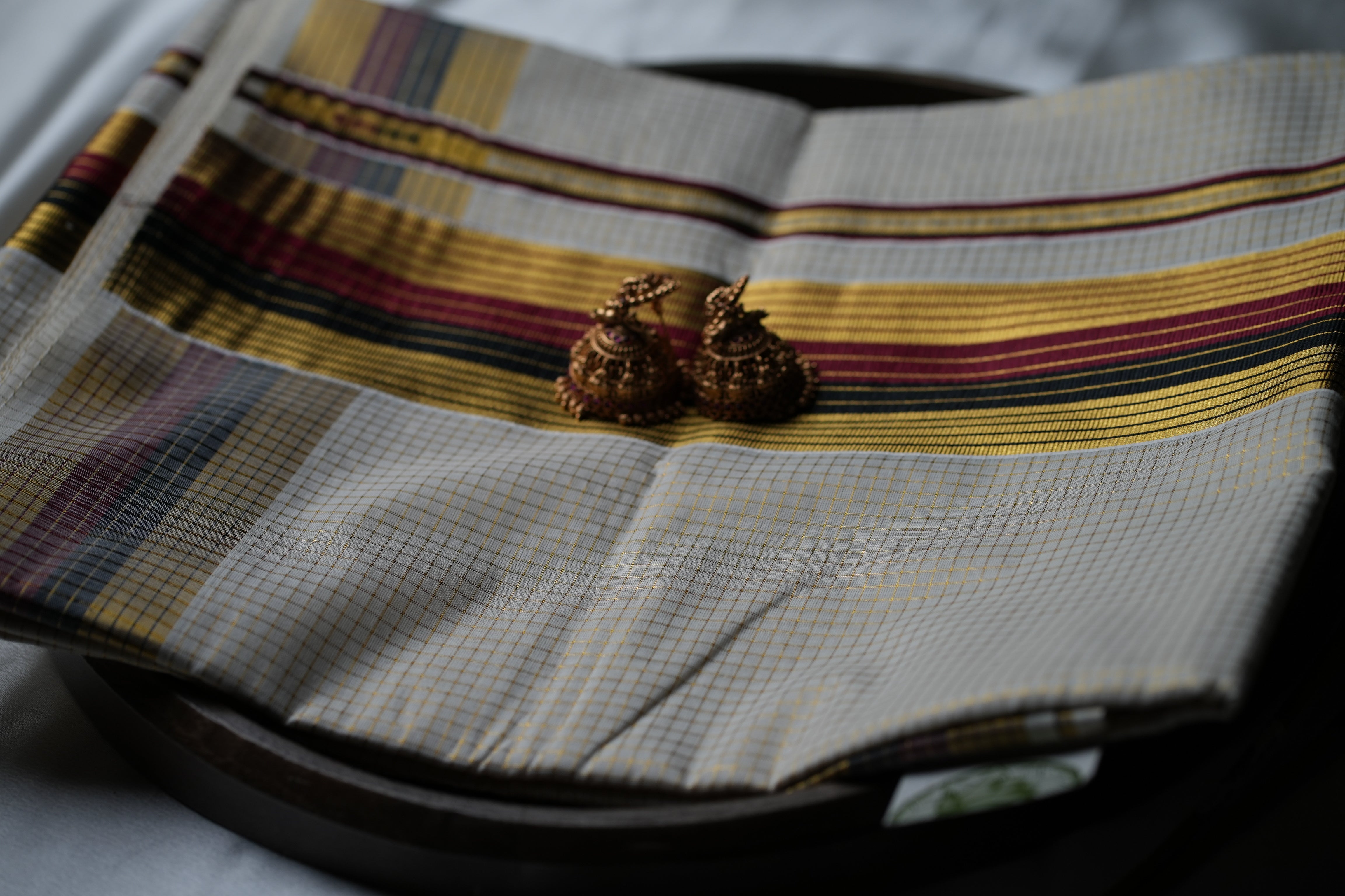 Regal Heritage : Premium Kerala Cotton Set Saree with Gold Checks, Maroon & Black Accents