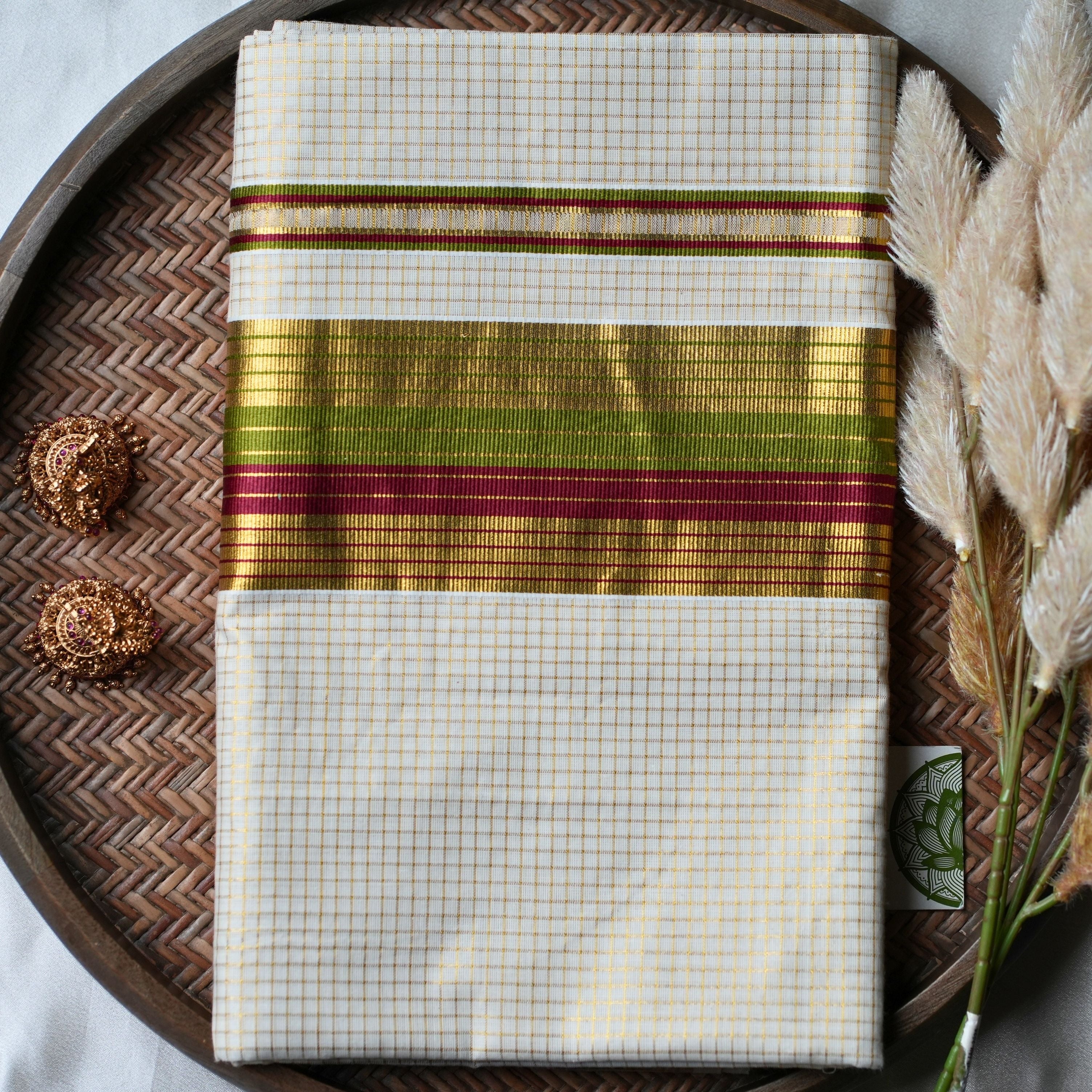 🌿 Crimson & Olive Meadow Cotton Kerala Saree ✨