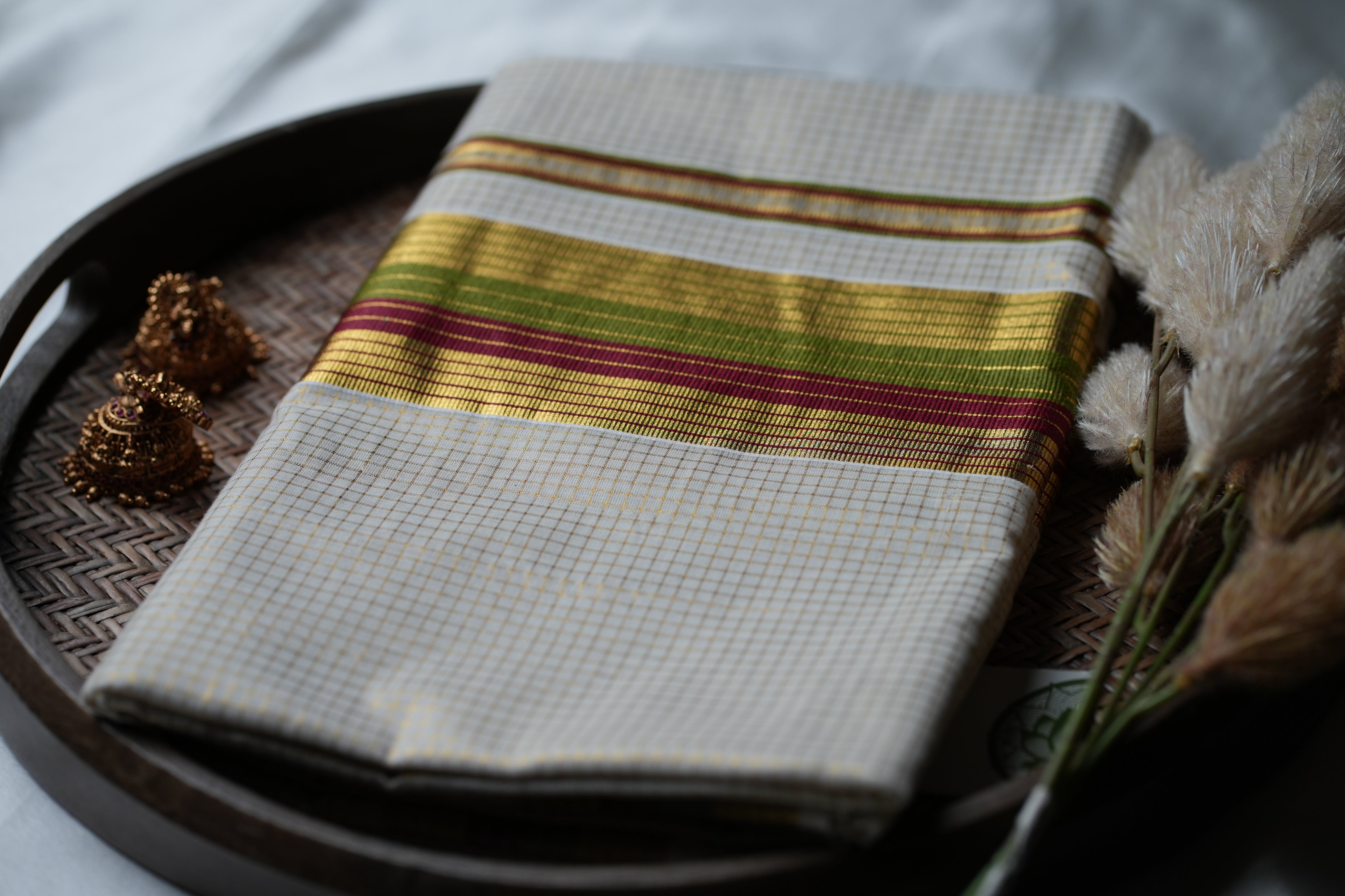🌿 Crimson & Olive Meadow Cotton Kerala Saree ✨