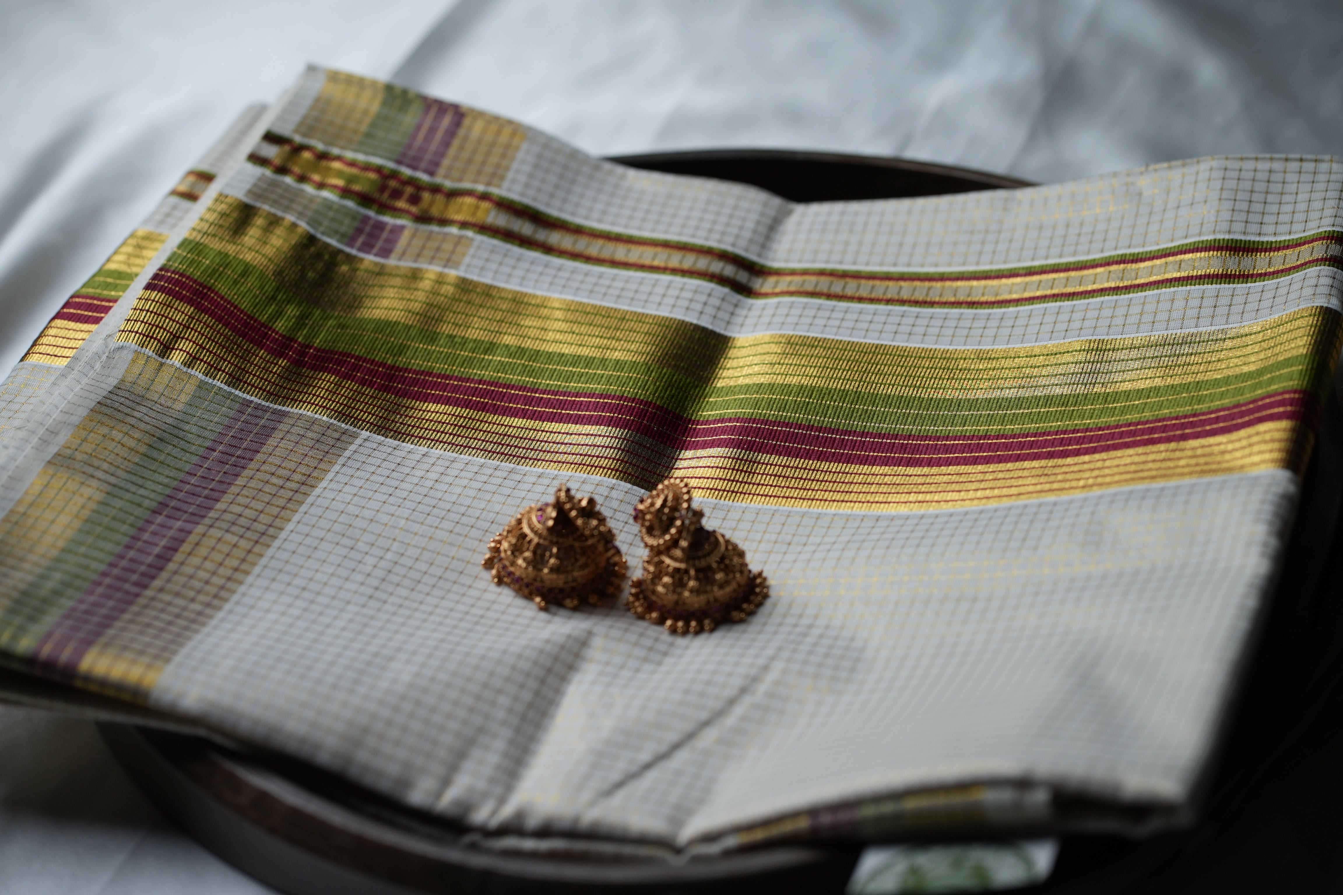 🌿 Crimson & Olive Meadow Cotton Kerala Saree ✨