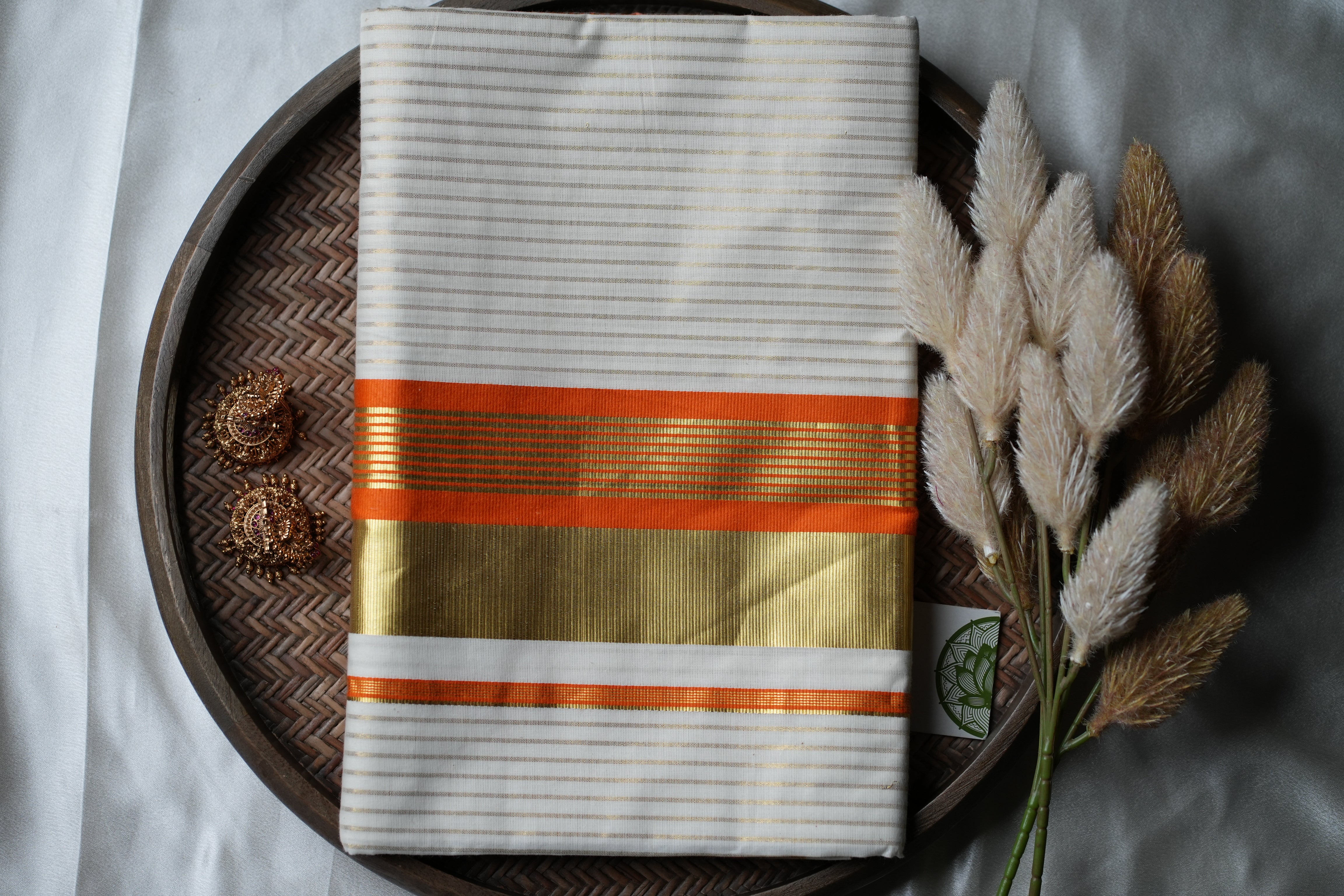 Sunlit Heritage: Premium Kerala Cotton Set Saree with Gold Lines and Vibrant Orange Accents