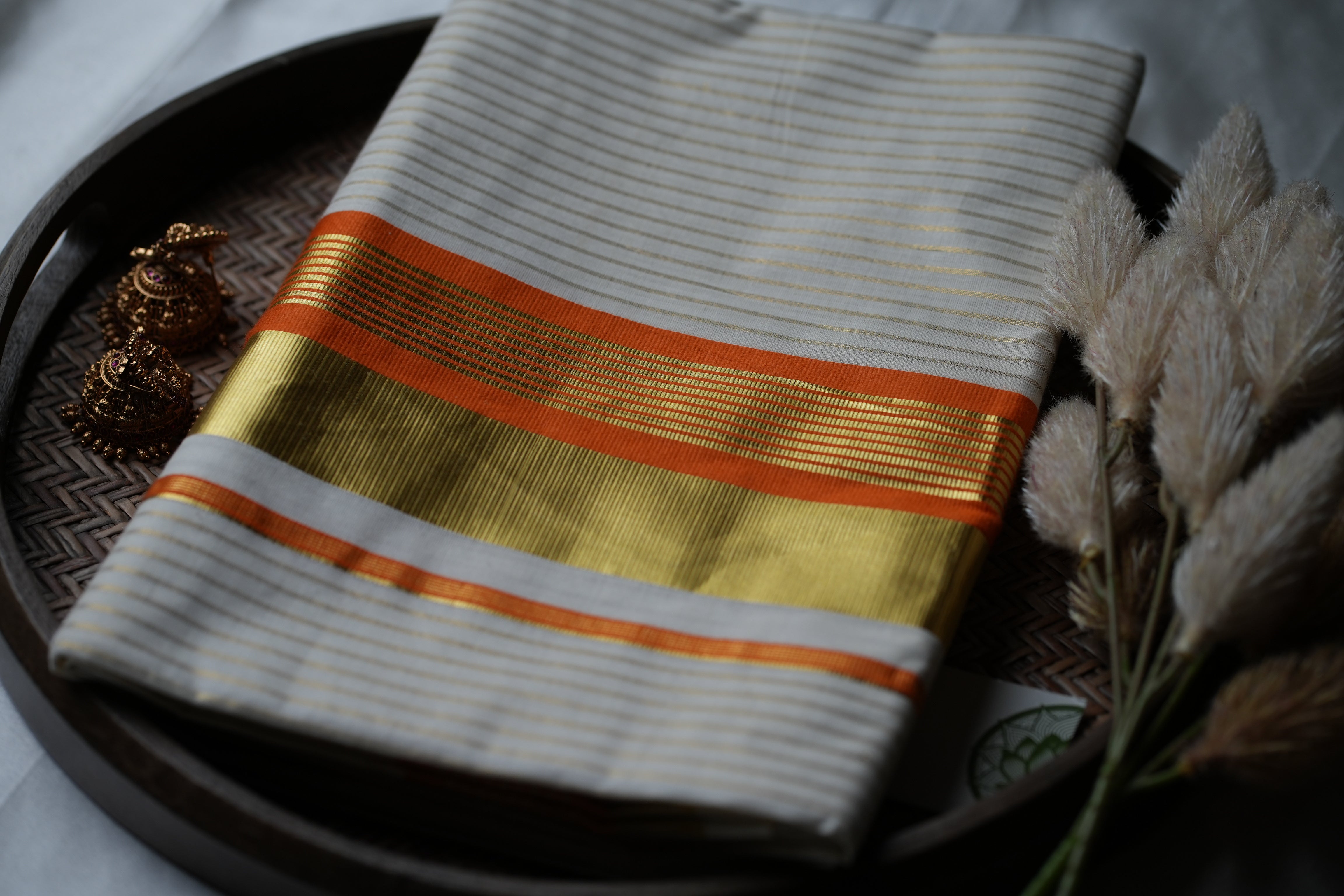 Sunlit Heritage: Premium Kerala Cotton Set Saree with Gold Lines and Vibrant Orange Accents