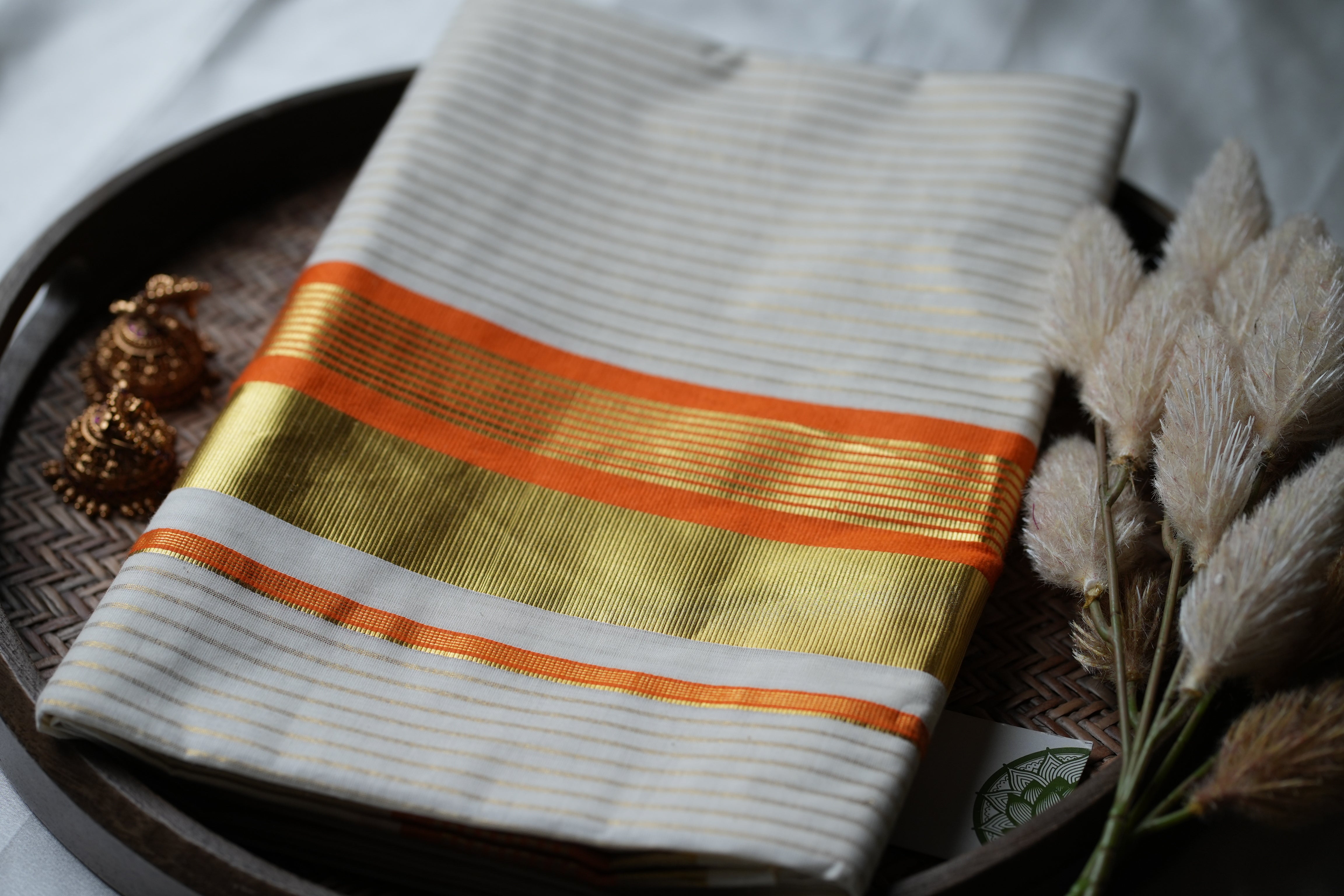 Sunlit Heritage: Premium Kerala Cotton Set Saree with Gold Lines and Vibrant Orange Accents