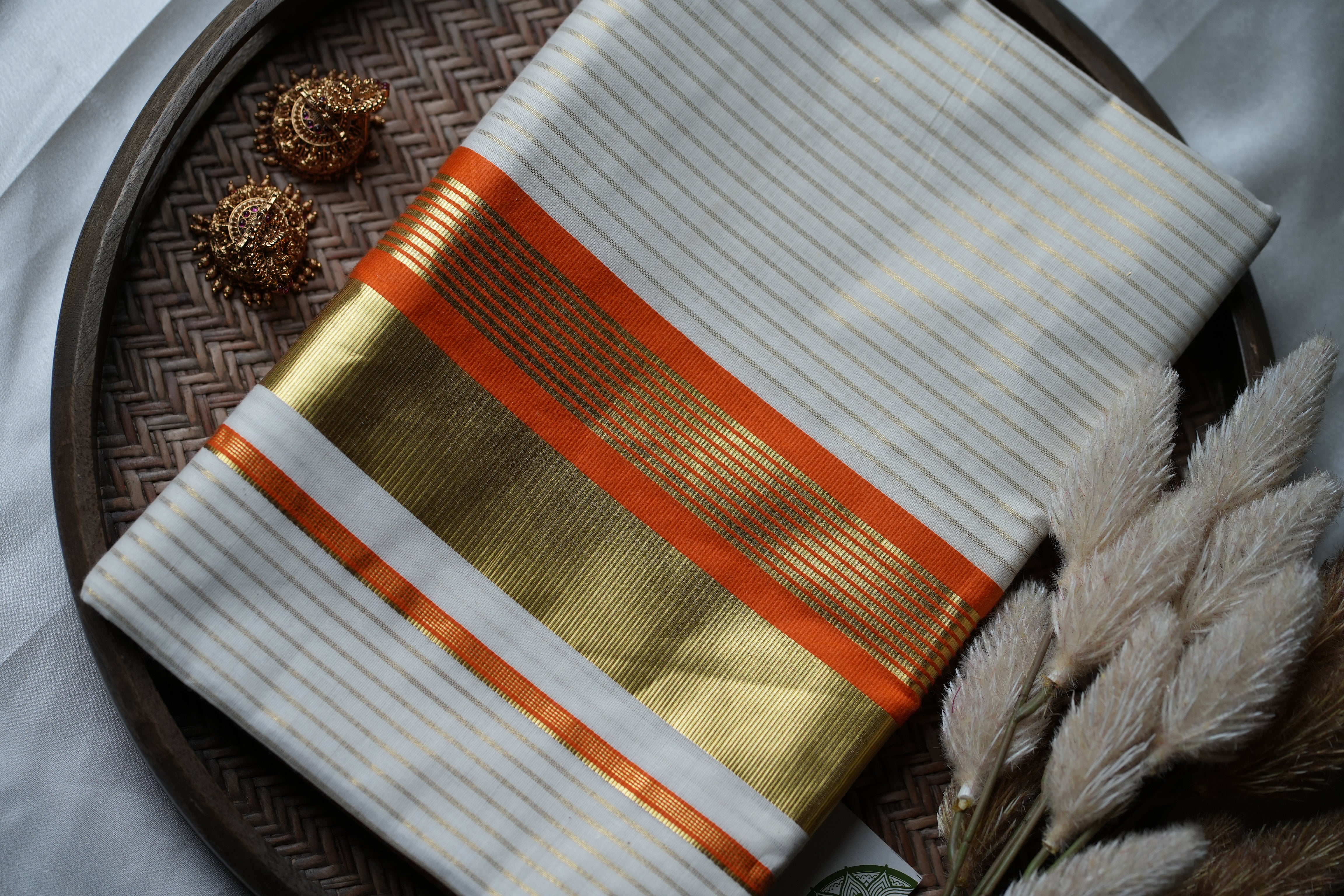 Sunlit Heritage: Premium Kerala Cotton Set Saree with Gold Lines and Vibrant Orange Accents