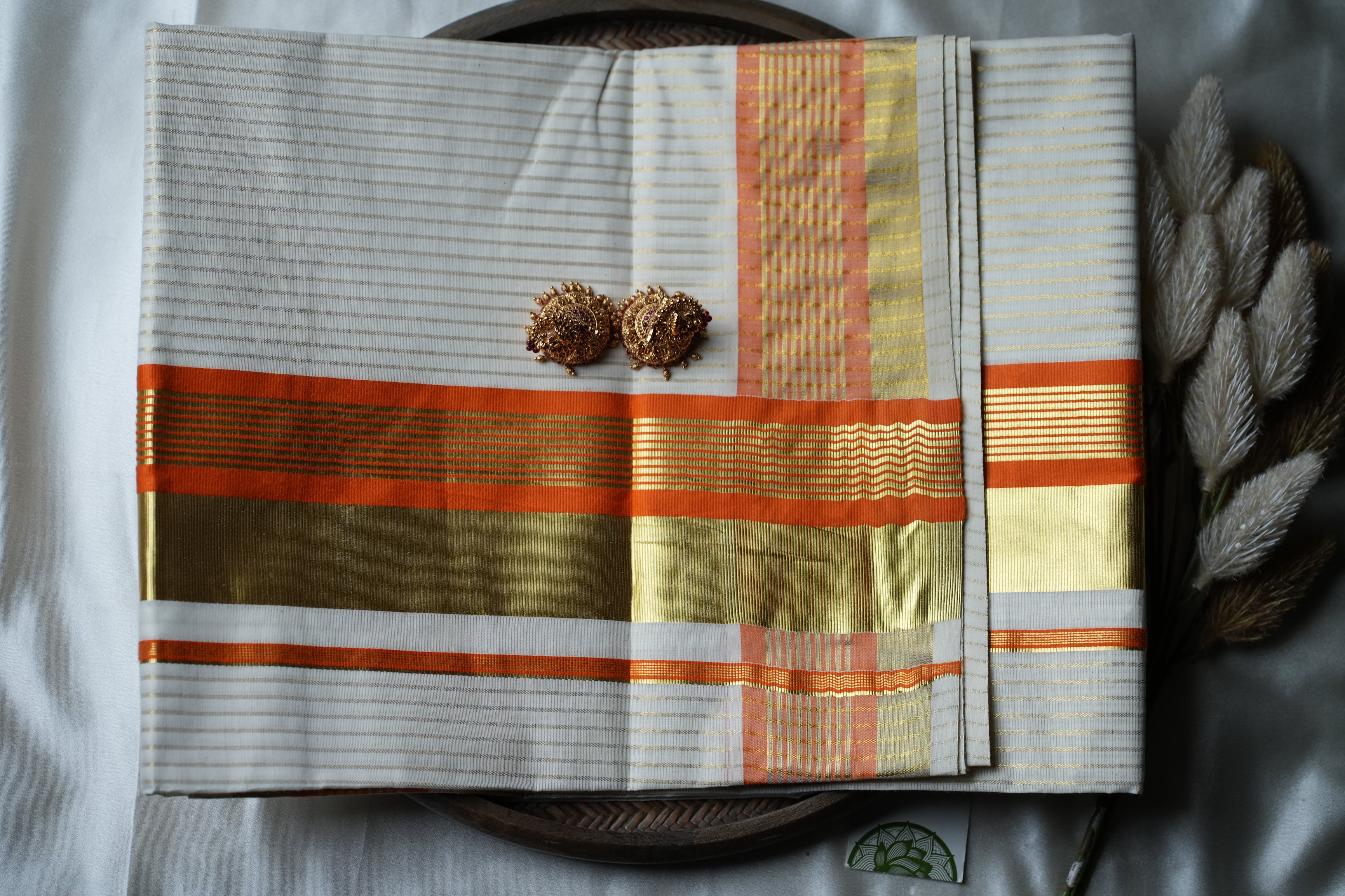 Sunlit Heritage: Premium Kerala Cotton Set Saree with Gold Lines and Vibrant Orange Accents