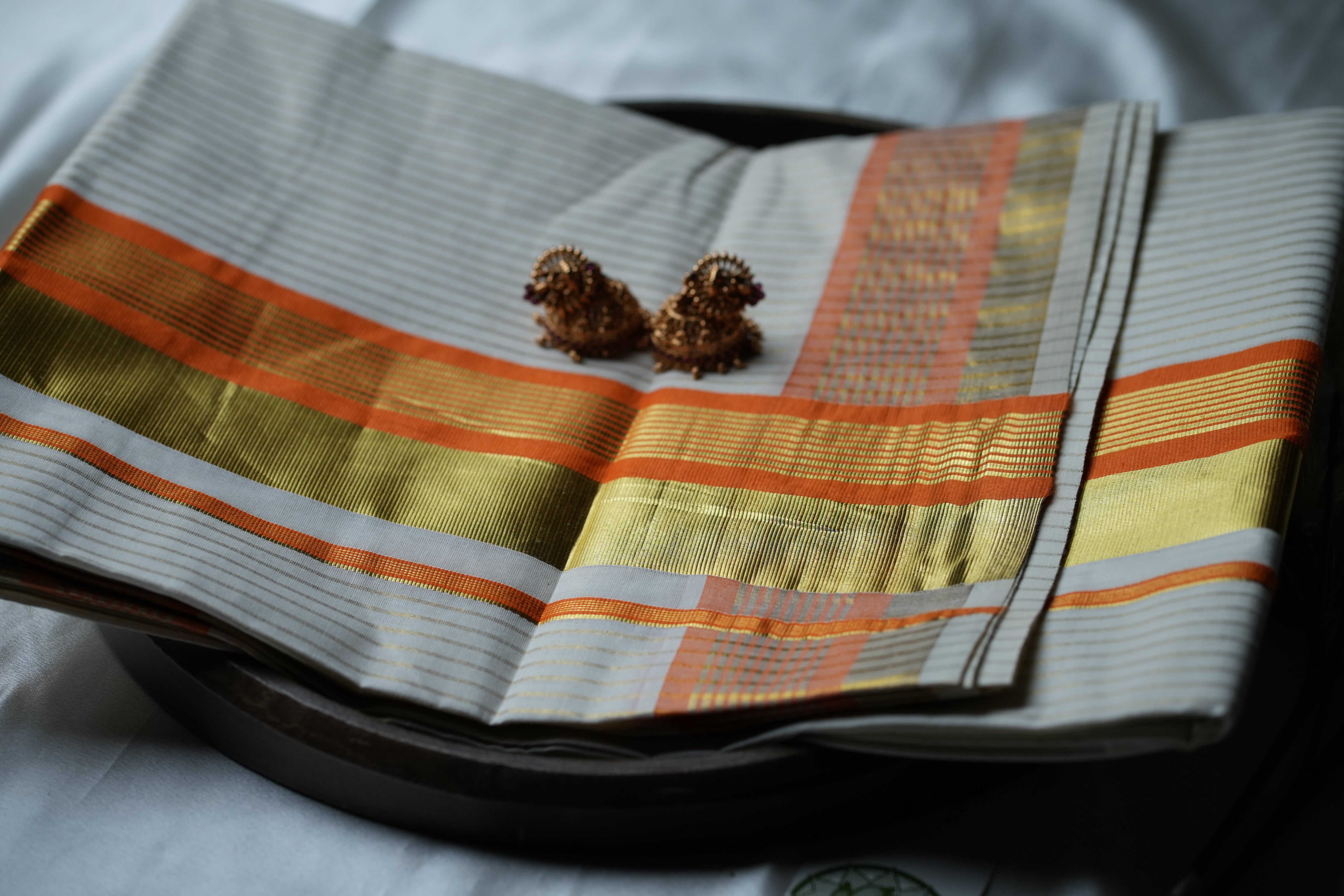 Sunlit Heritage: Premium Kerala Cotton Set Saree with Gold Lines and Vibrant Orange Accents