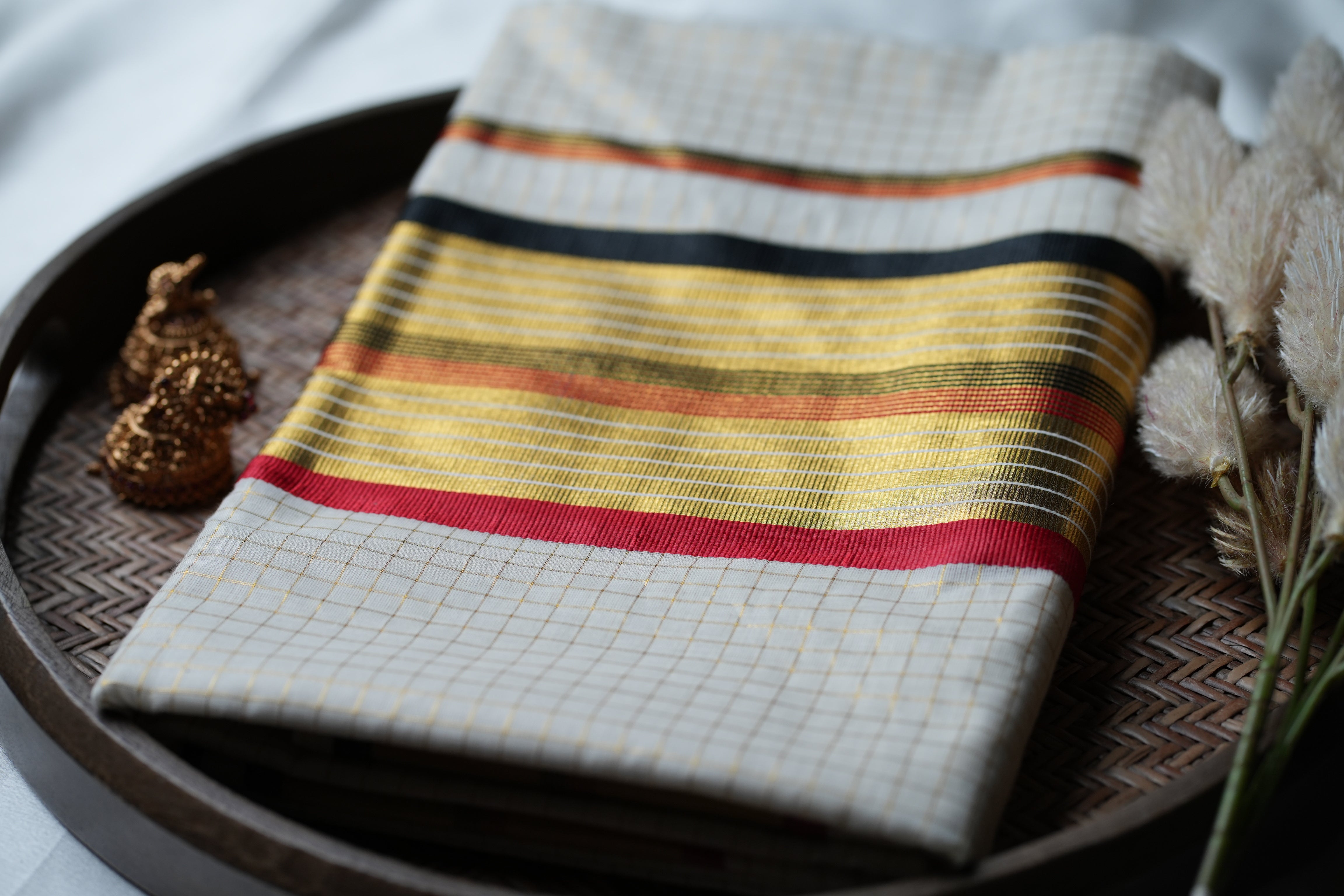Midnight Crimson Royalty: Premium Kerala Cotton Set Saree with Gold Checks