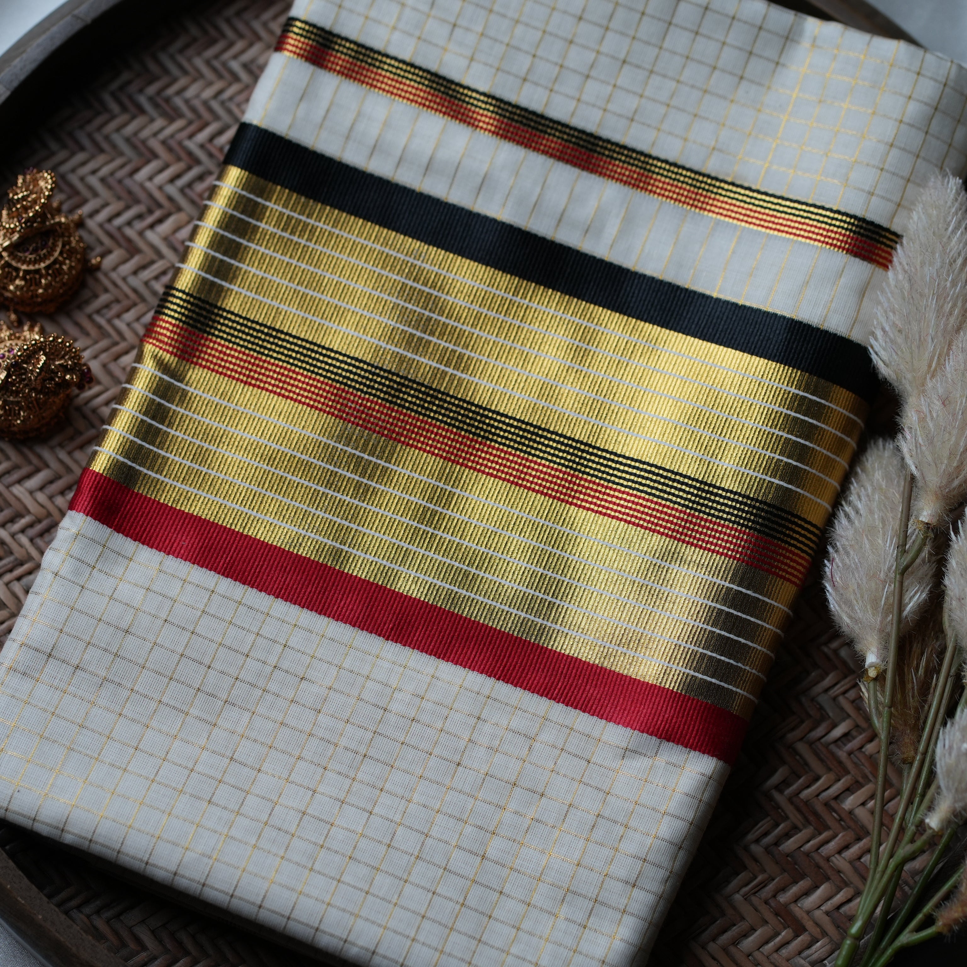 Midnight Crimson Royalty: Premium Kerala Cotton Set Saree with Gold Checks