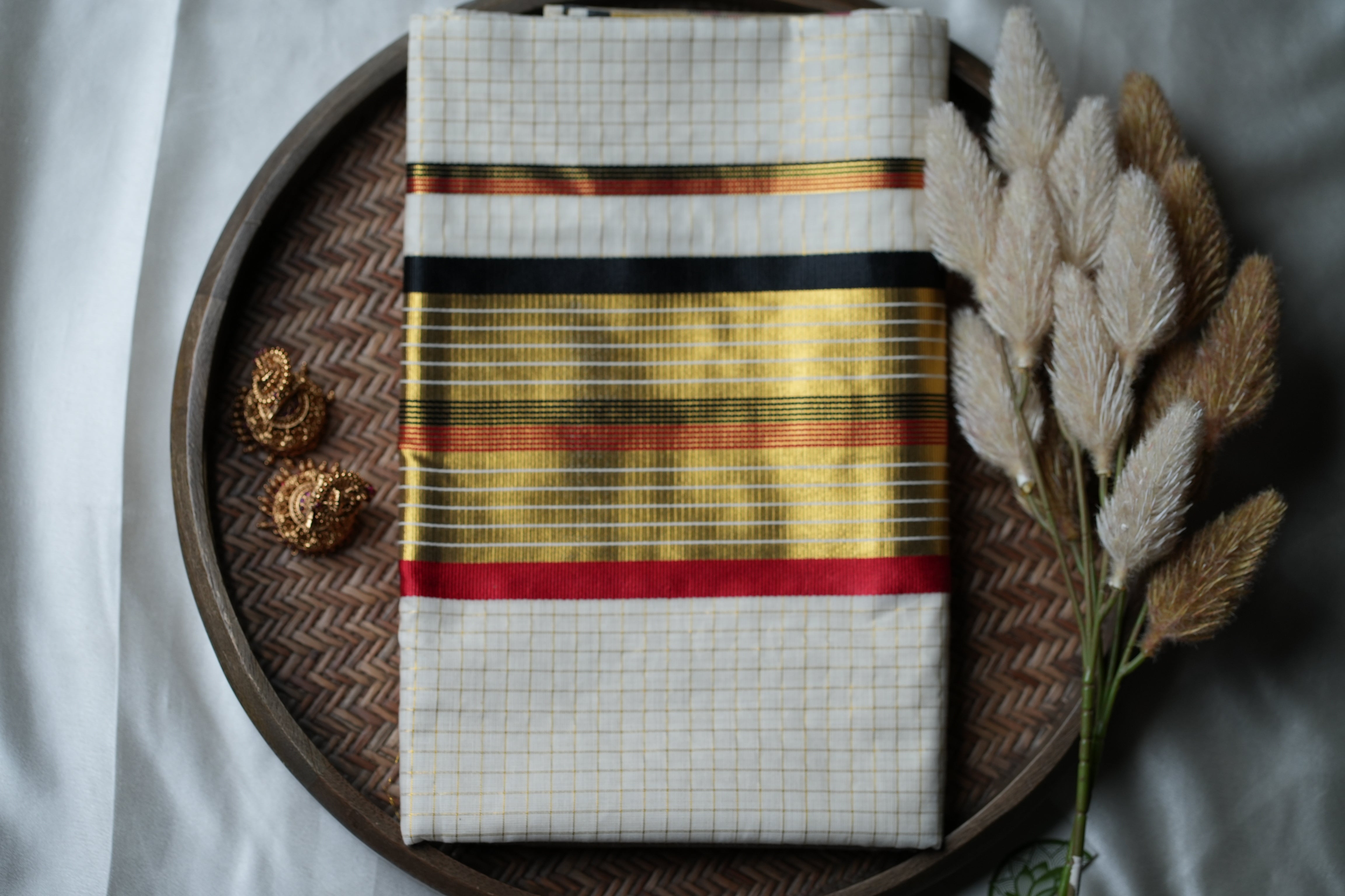 Midnight Crimson Royalty: Premium Kerala Cotton Set Saree with Gold Checks