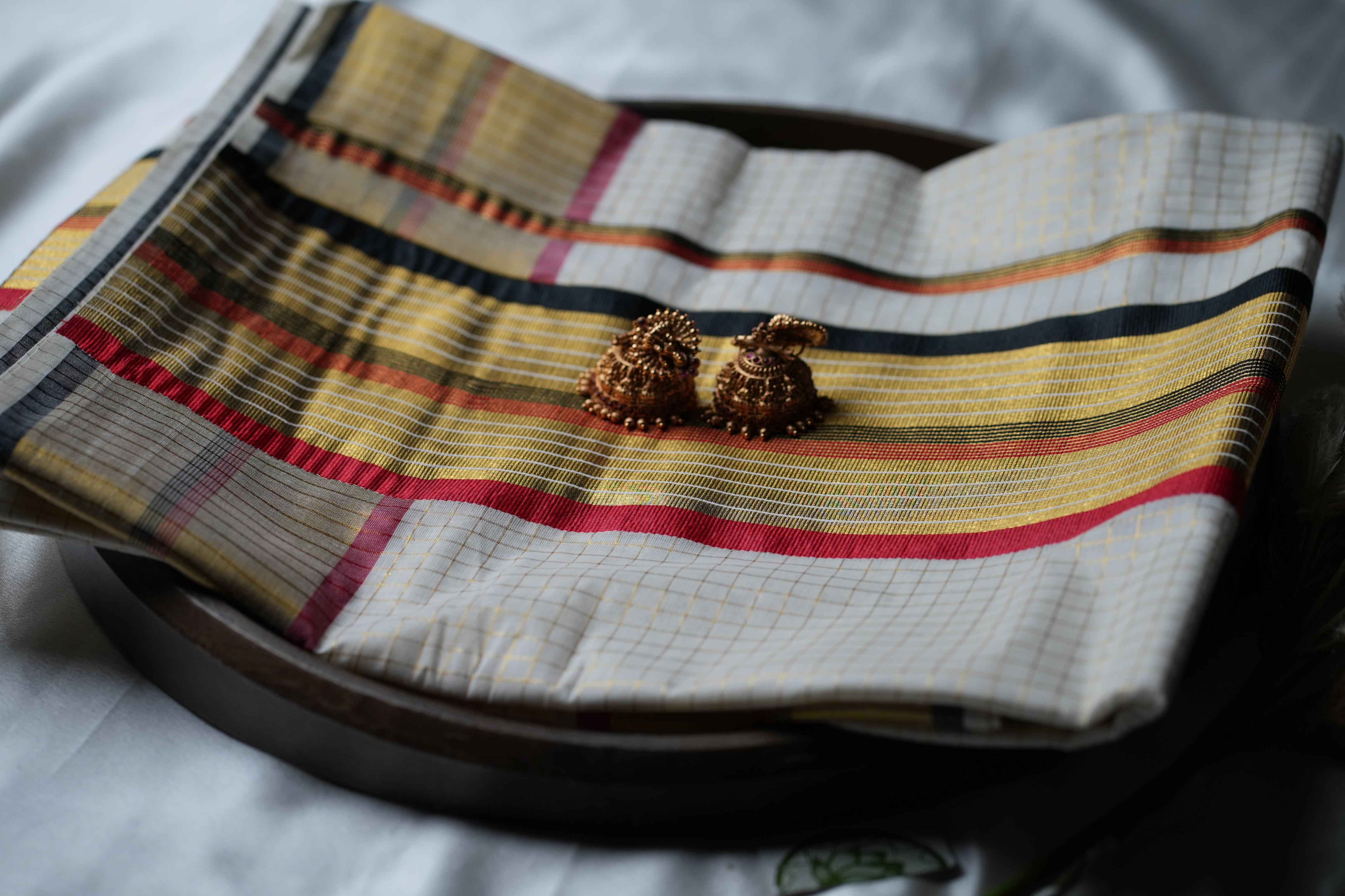 Midnight Crimson Royalty: Premium Kerala Cotton Set Saree with Gold Checks