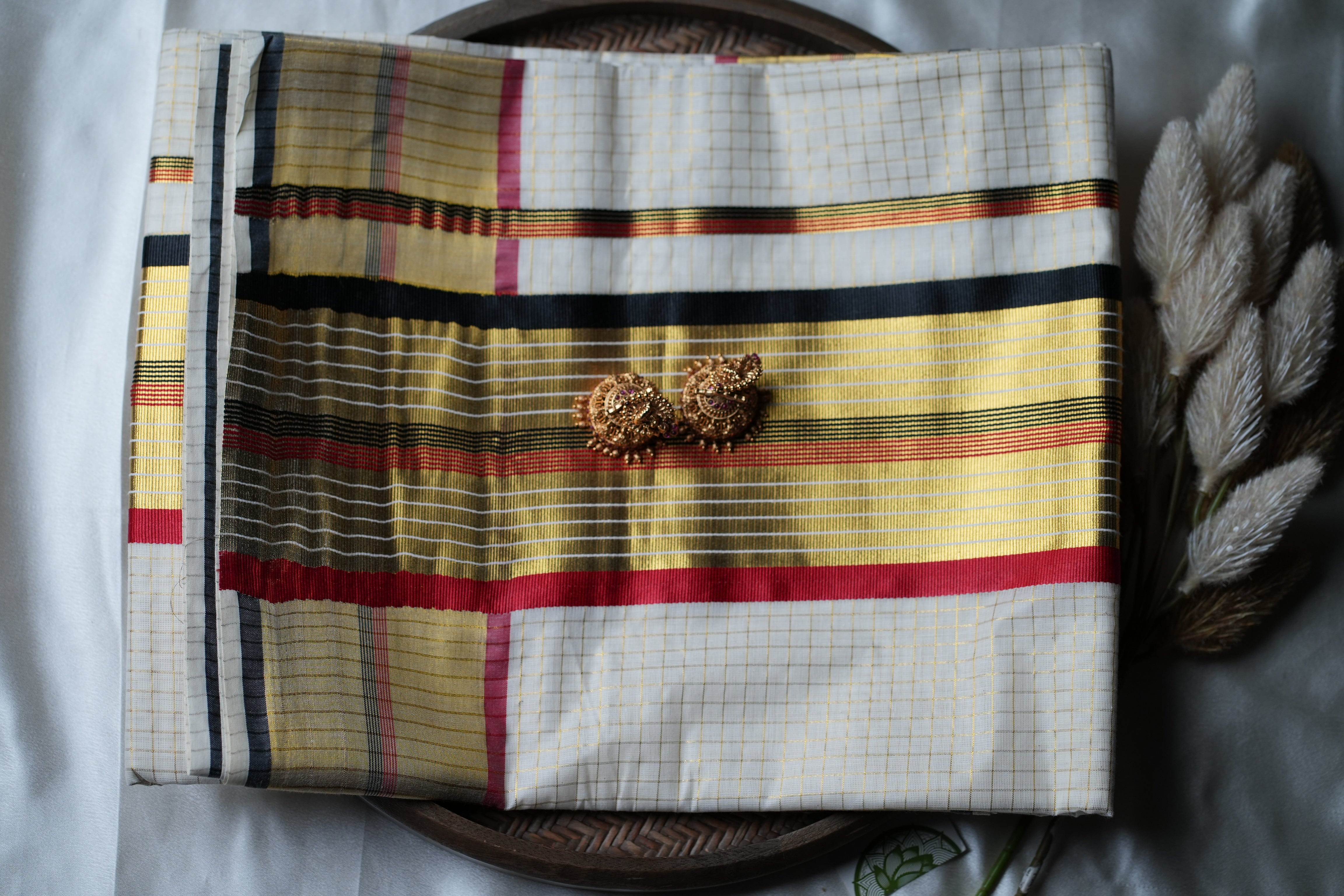 Midnight Crimson Royalty: Premium Kerala Cotton Set Saree with Gold Checks