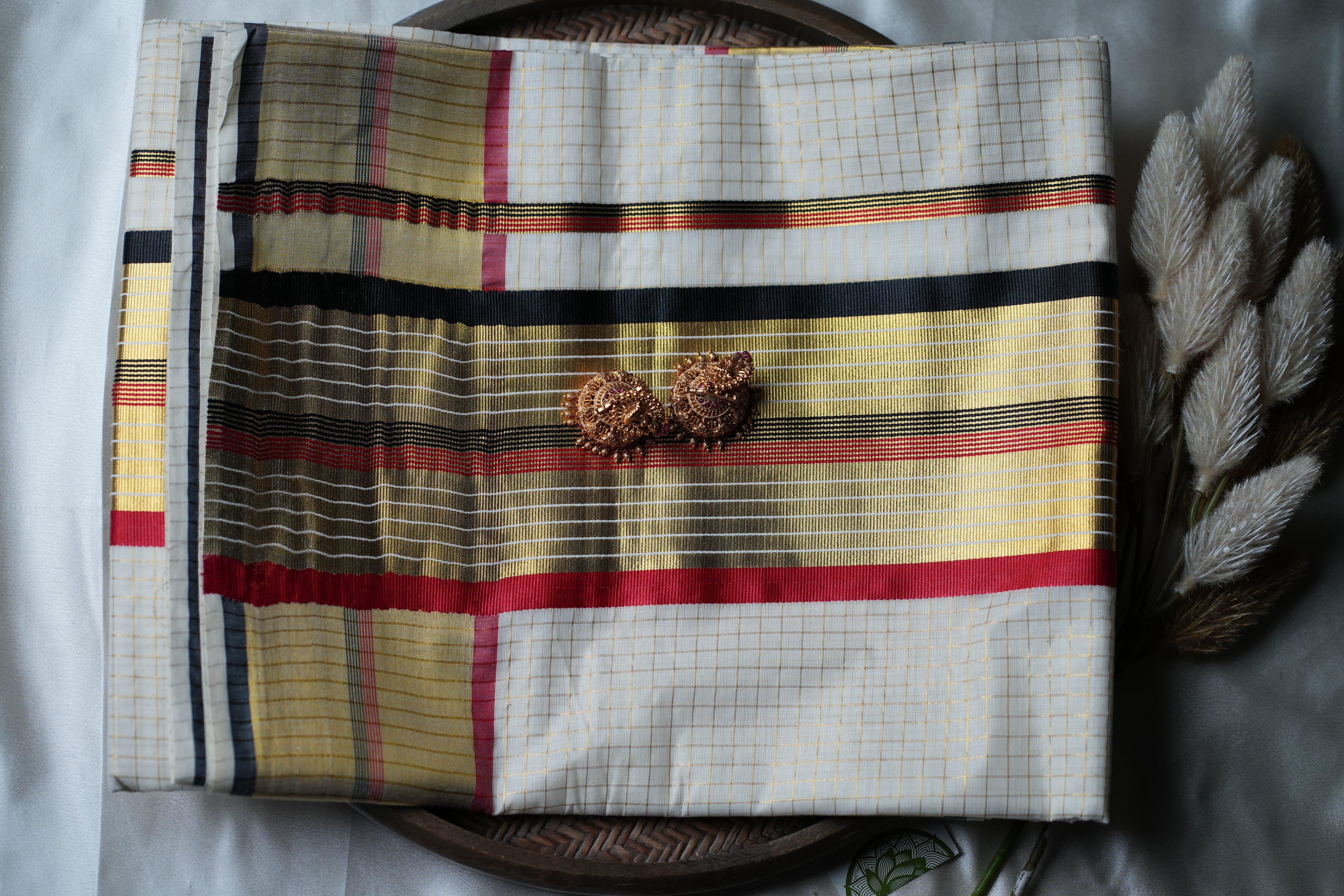 Midnight Crimson Royalty: Premium Kerala Cotton Set Saree with Gold Checks