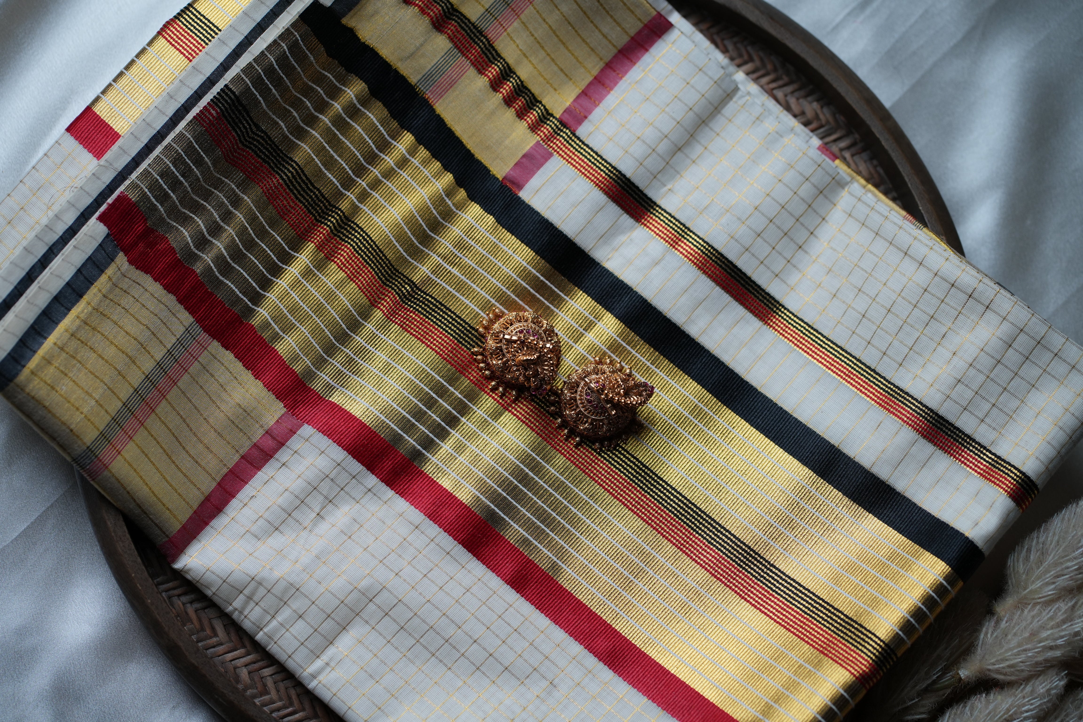 Midnight Crimson Royalty: Premium Kerala Cotton Set Saree with Gold Checks