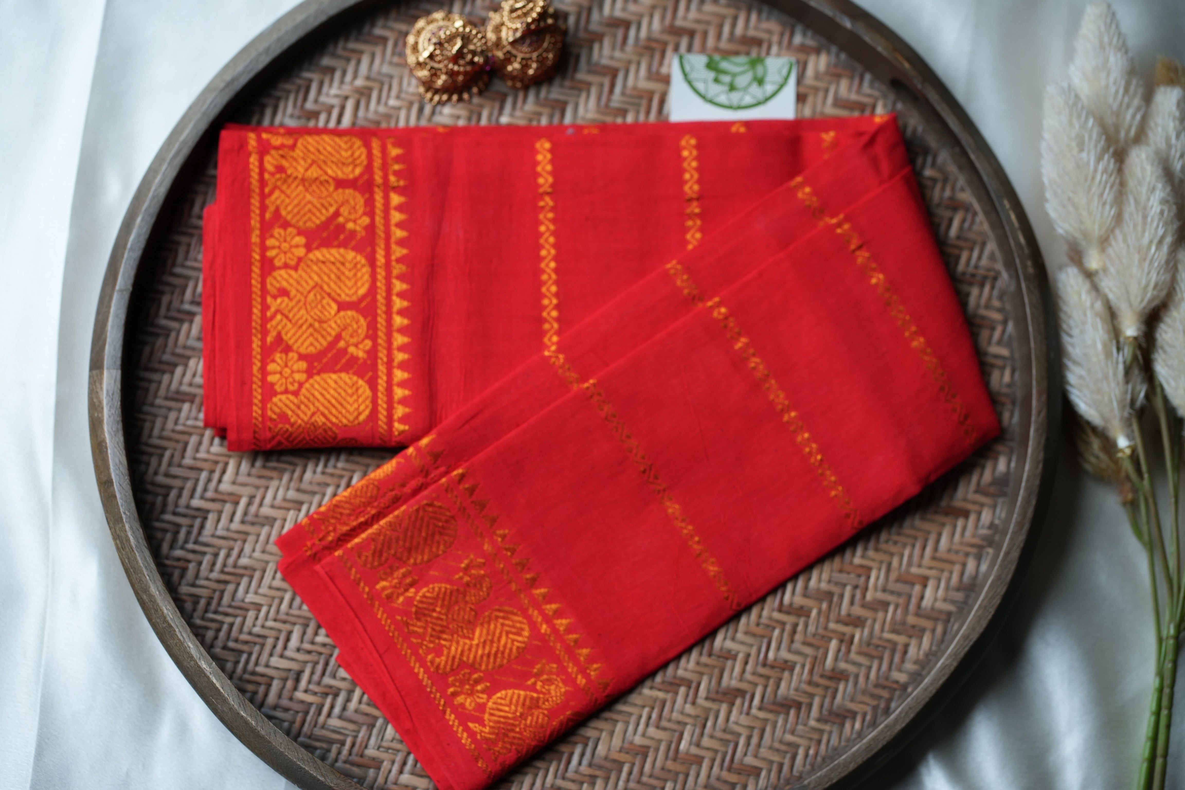 Designer Pure Cotton Blouse Piece with Radiant Red & Gold Annapakshi Motifs