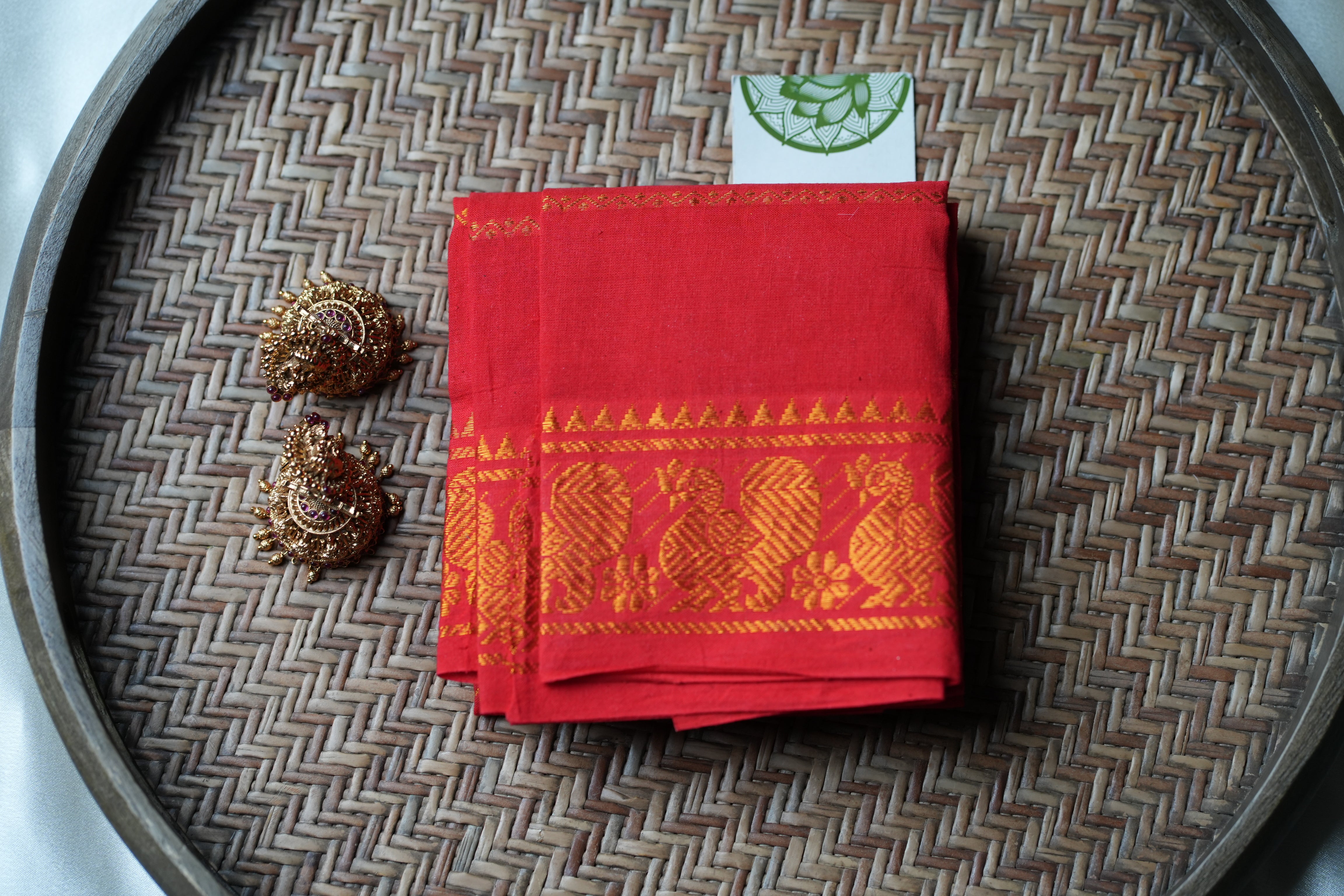Designer Pure Cotton Blouse Piece with Radiant Red & Gold Annapakshi Motifs
