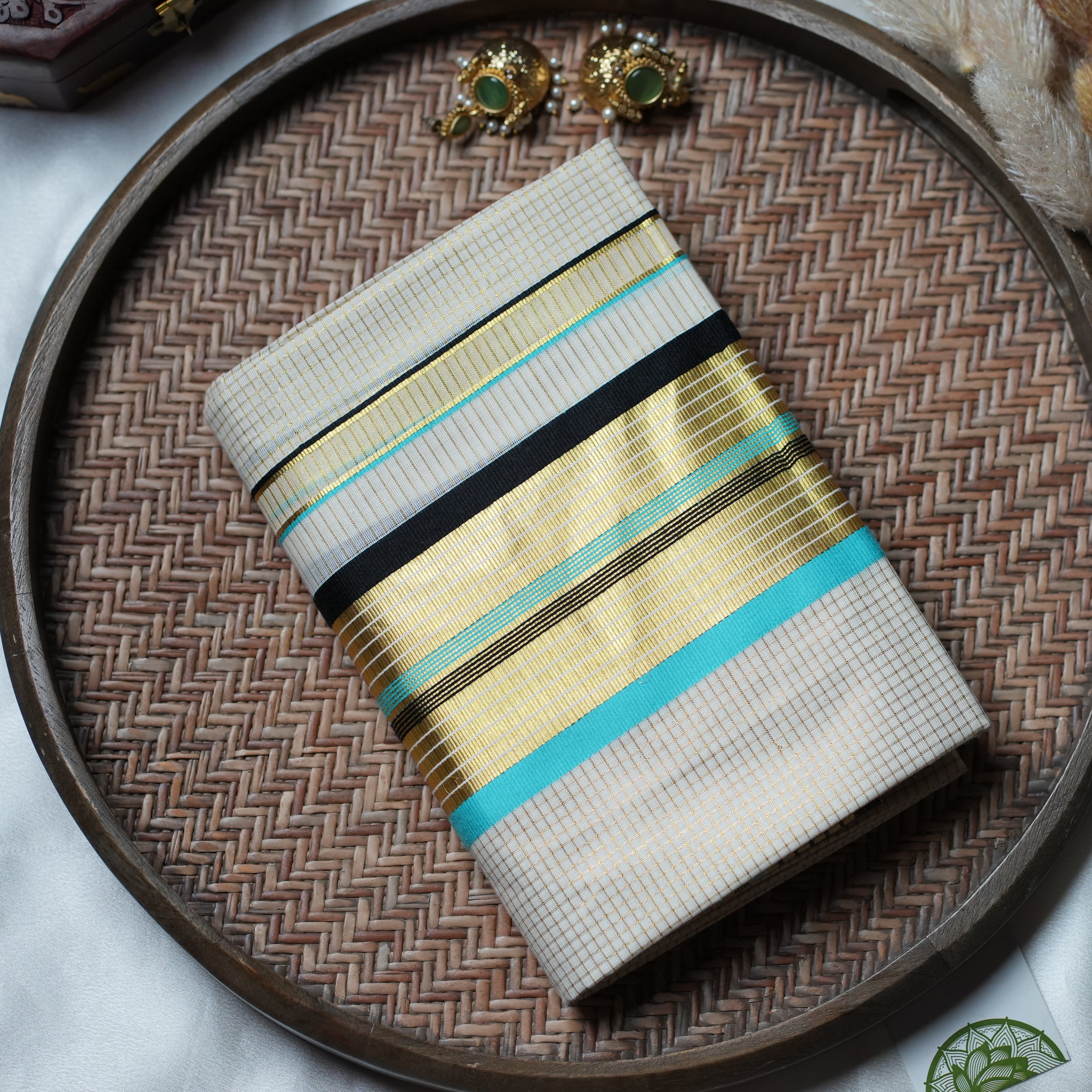 🌊 Turquoise & Gold Lattice: The Premium Radiant Checked Kerala Set Mundu 🌊