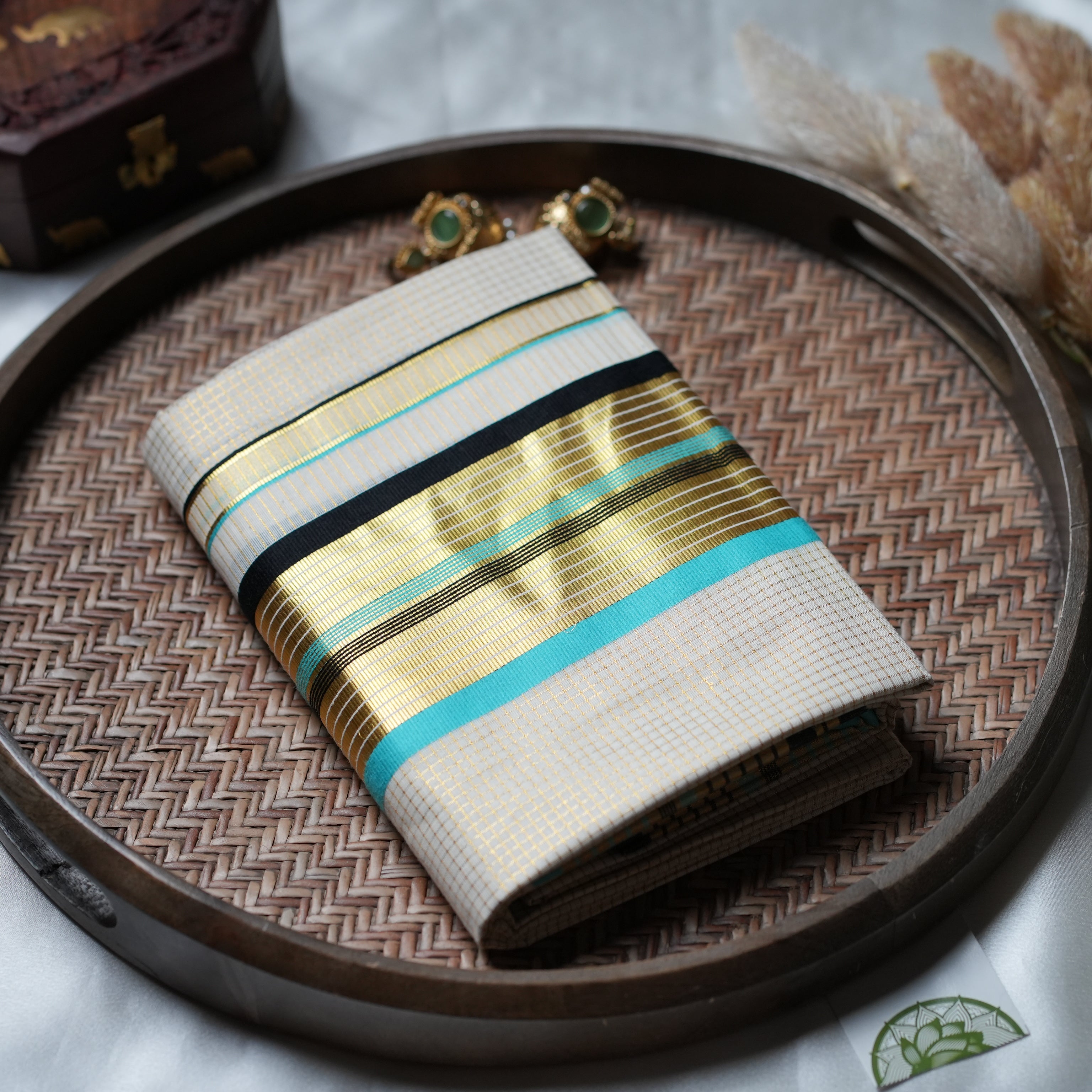 🌊 Turquoise & Gold Lattice: The Premium Radiant Checked Kerala Set Mundu 🌊