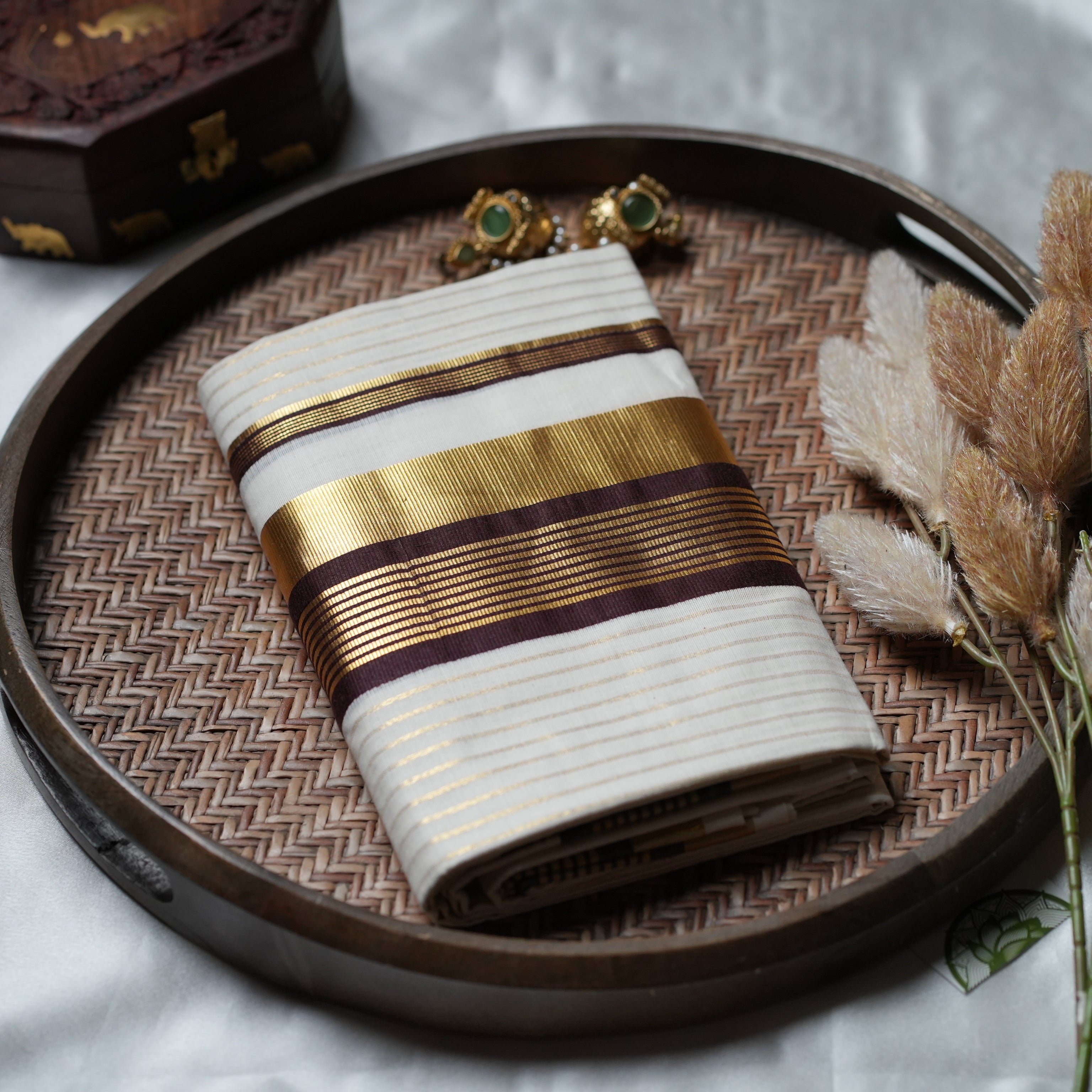 ✨ Golden Horizon: The Imperial Zari Stripe Kerala Set Mundu in Chocolate Brown ✨