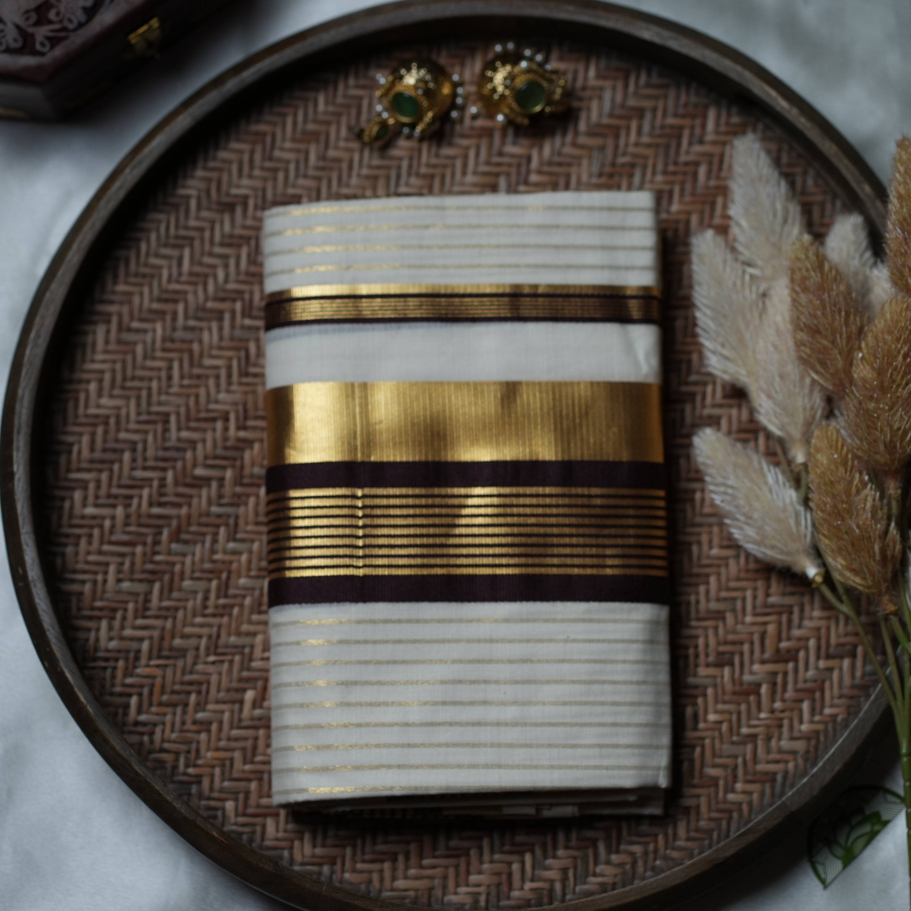 ✨ Golden Horizon: The Imperial Zari Stripe Kerala Set Mundu in Chocolate Brown ✨