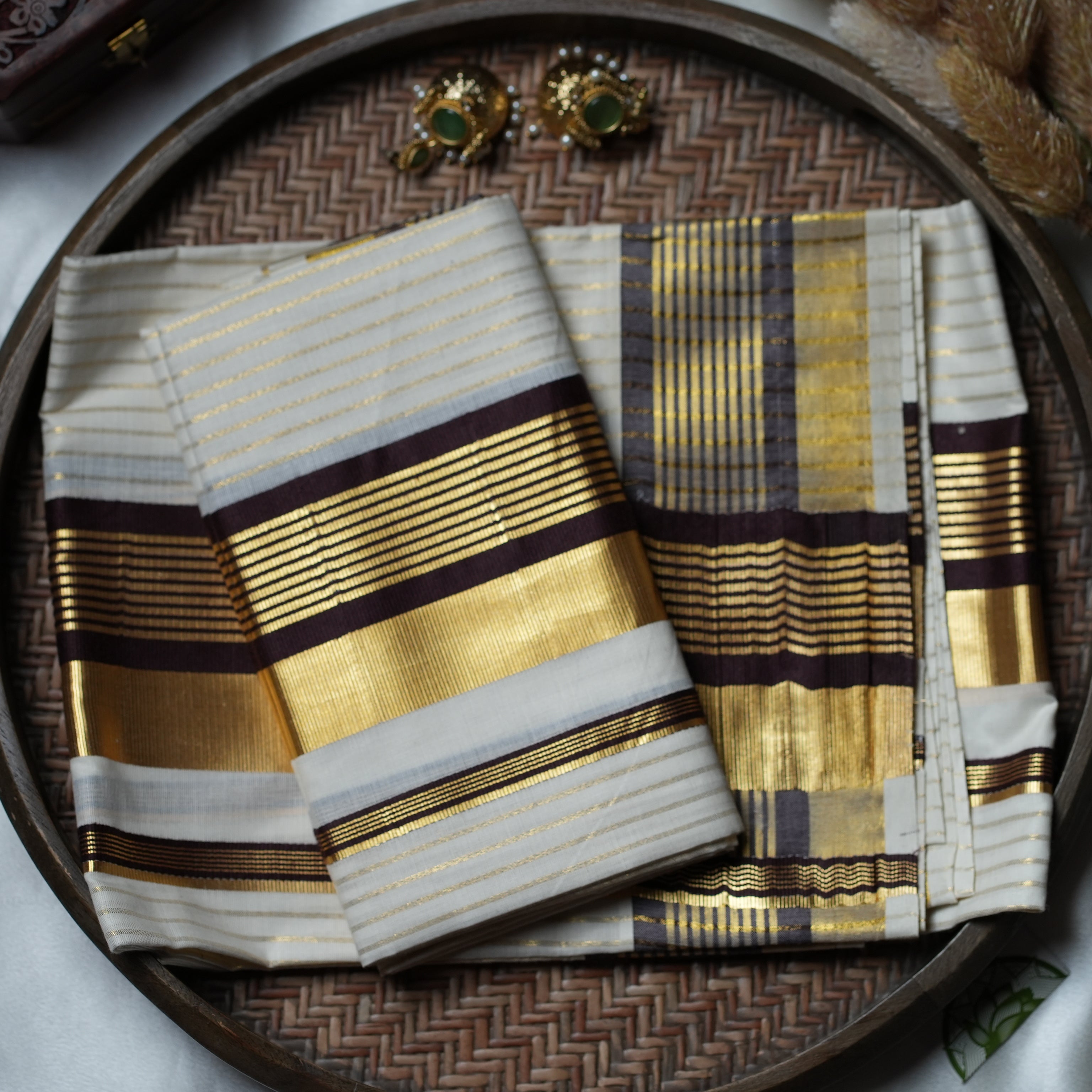 ✨ Golden Horizon: The Imperial Zari Stripe Kerala Set Mundu in Chocolate Brown ✨