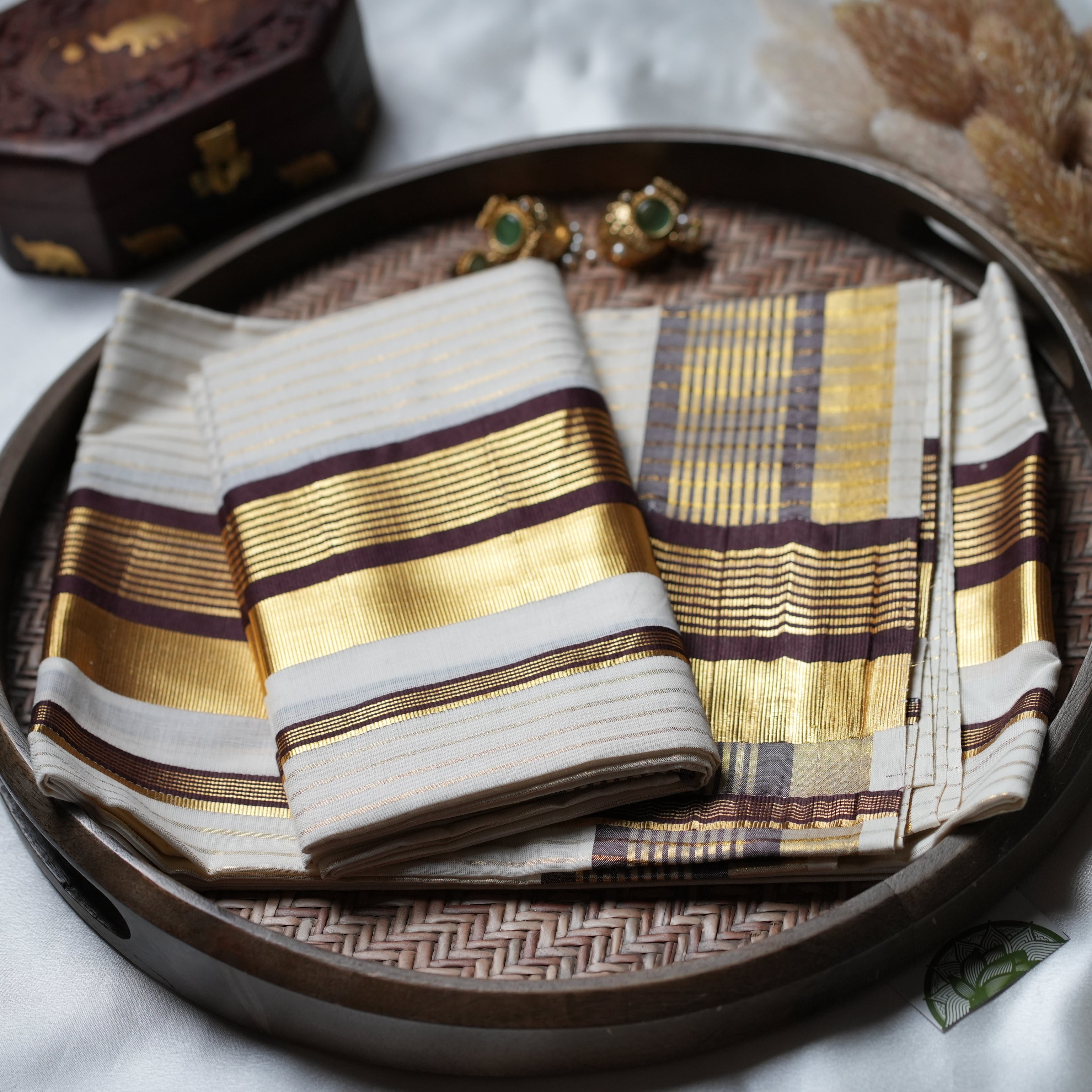 ✨ Golden Horizon: The Imperial Zari Stripe Kerala Set Mundu in Chocolate Brown ✨