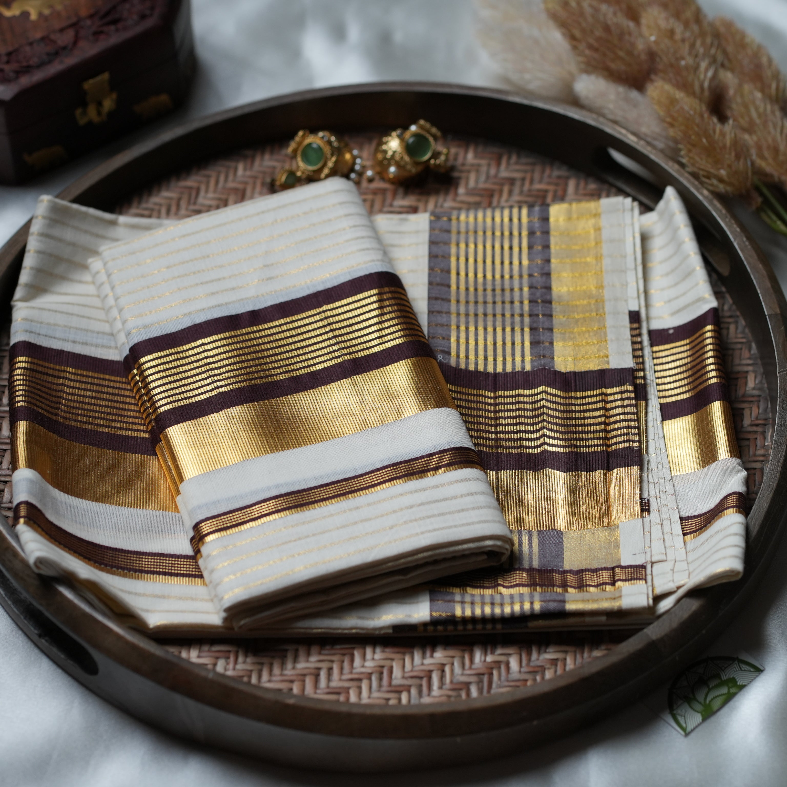✨ Golden Horizon: The Imperial Zari Stripe Kerala Set Mundu in Chocolate Brown ✨