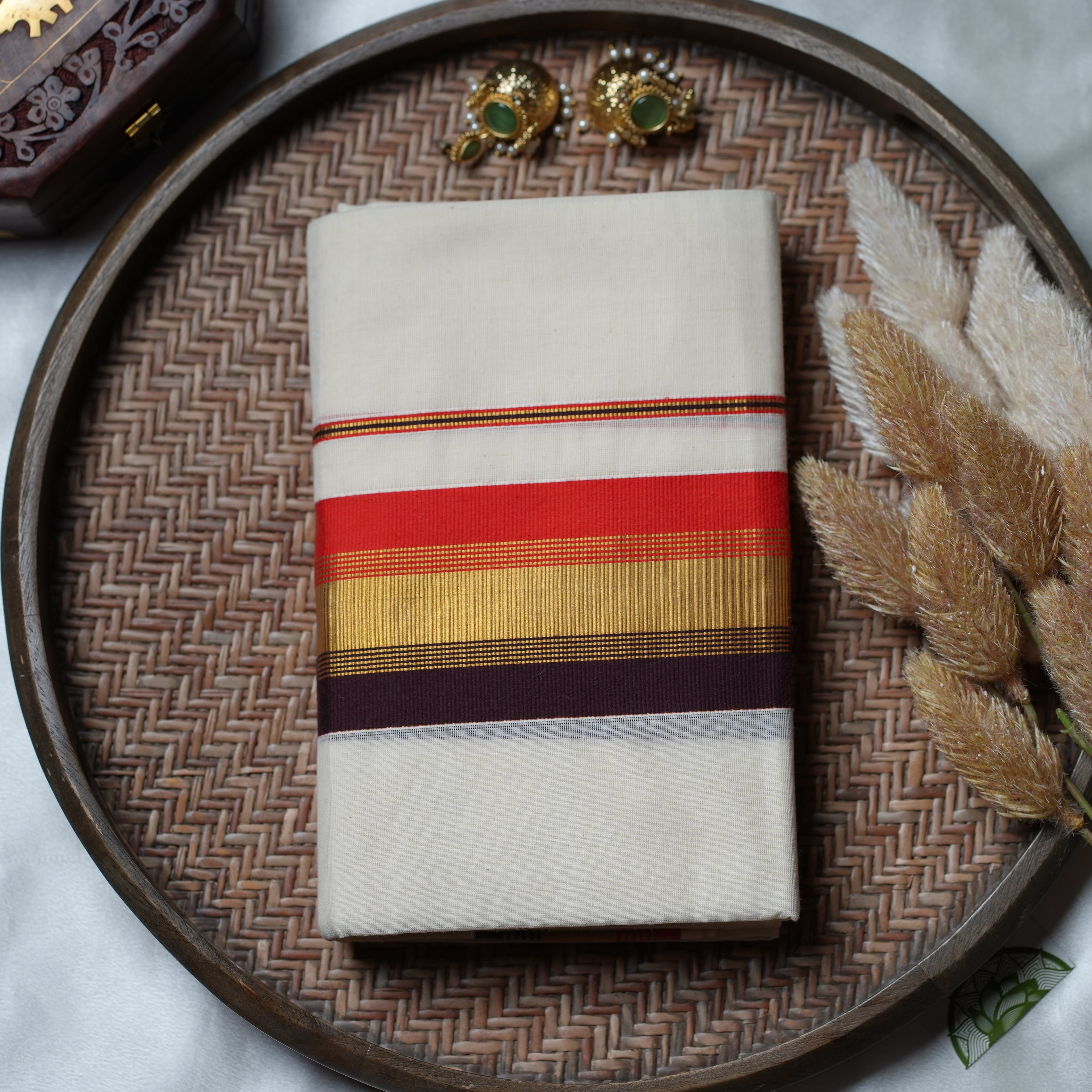 🏮 Crimson & Gold Majesty: The Multi-Stripe Traditional Kerala Set Mundu 🏮