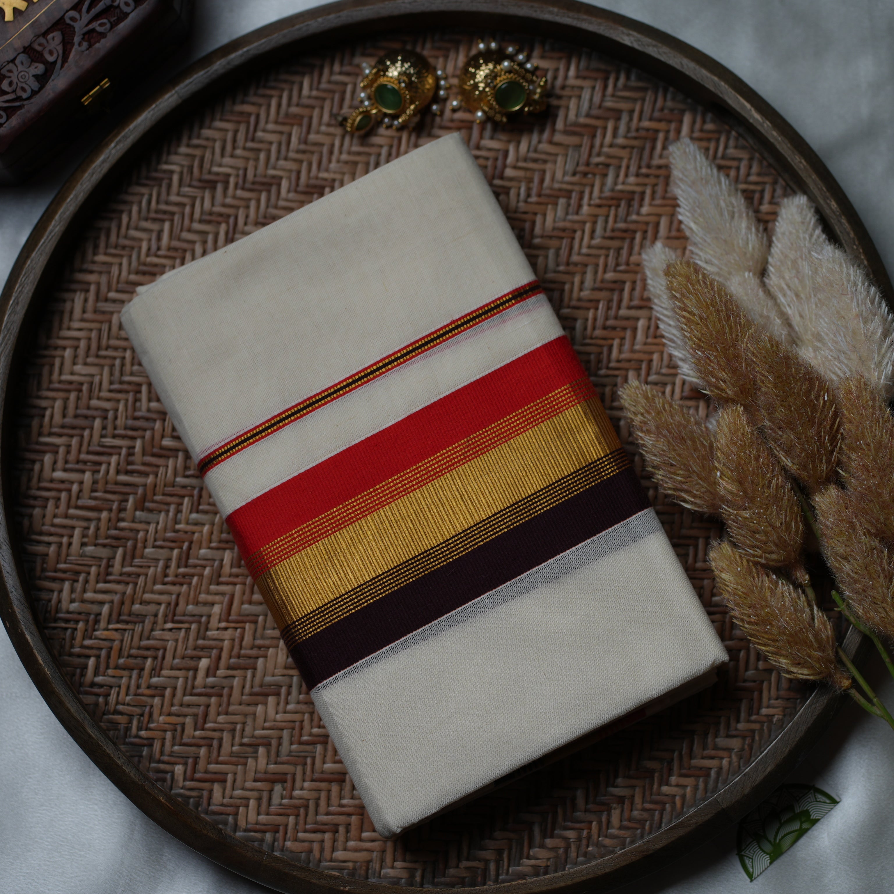 🏮 Crimson & Gold Majesty: The Multi-Stripe Traditional Kerala Set Mundu 🏮