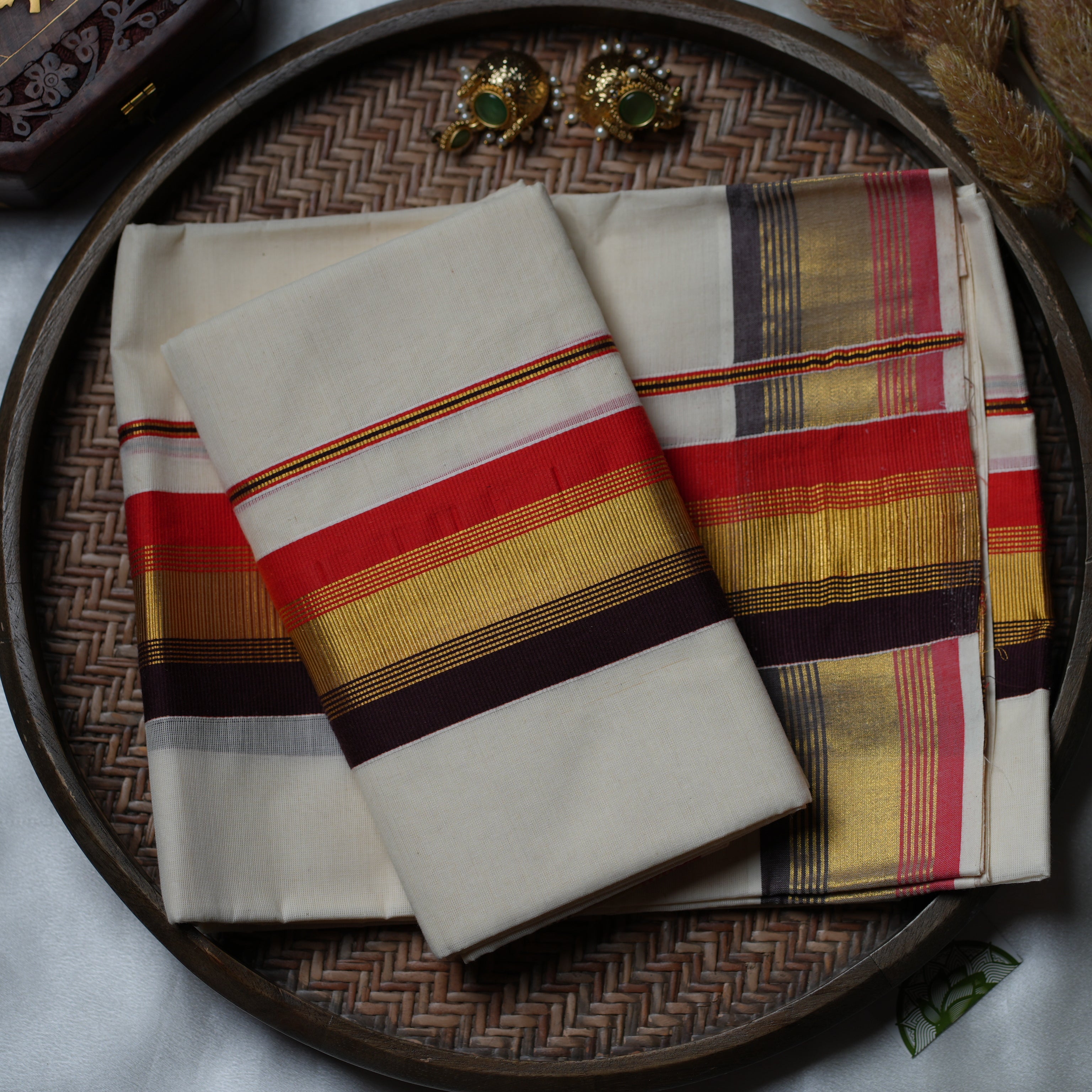 🏮 Crimson & Gold Majesty: The Multi-Stripe Traditional Kerala Set Mundu 🏮