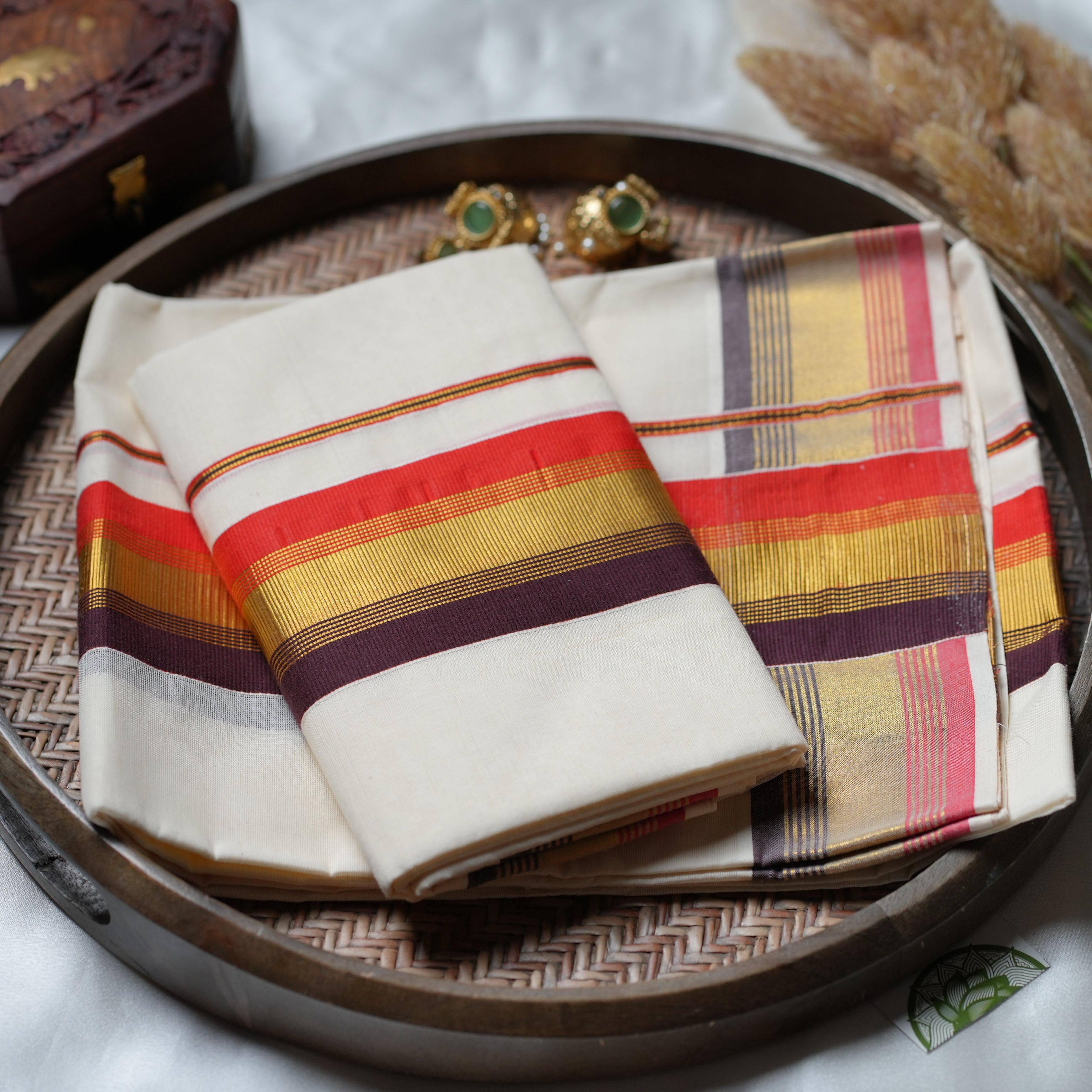 🏮 Crimson & Gold Majesty: The Multi-Stripe Traditional Kerala Set Mundu 🏮