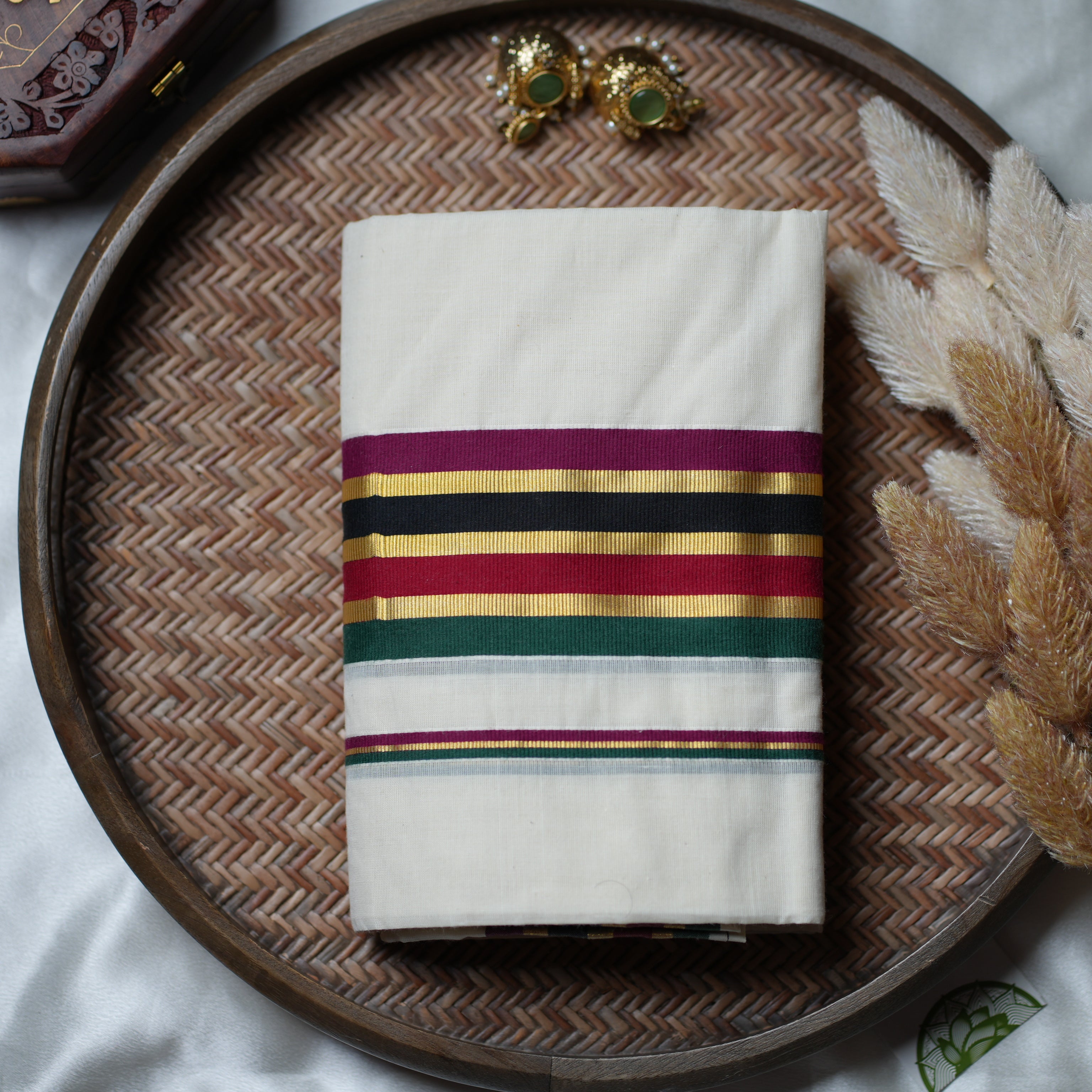 ✨ Golden Flora Festive Twist: The Vibrant Multi-Stripe Kerala Set Mundu ✨
