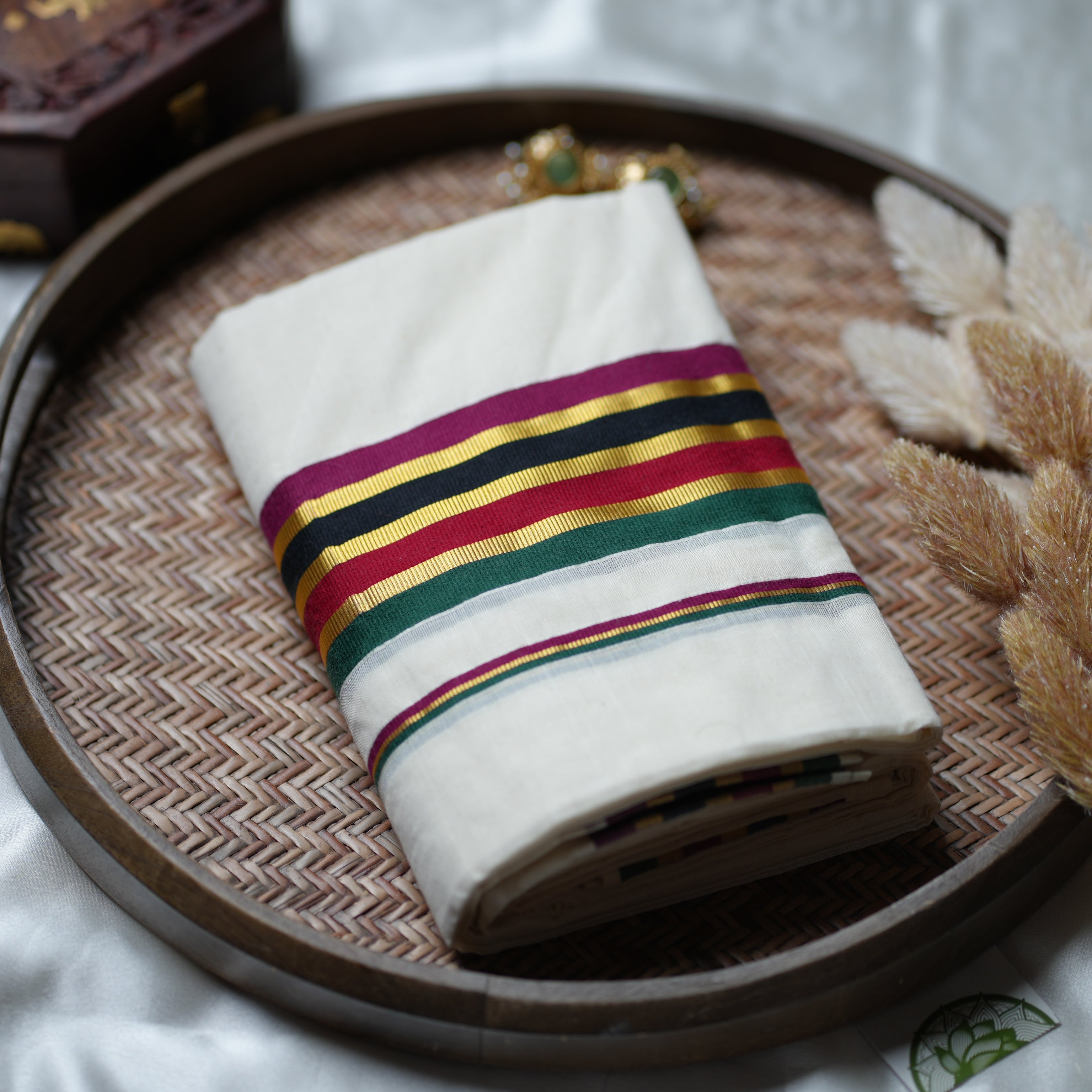 ✨ Golden Flora Festive Twist: The Vibrant Multi-Stripe Kerala Set Mundu ✨
