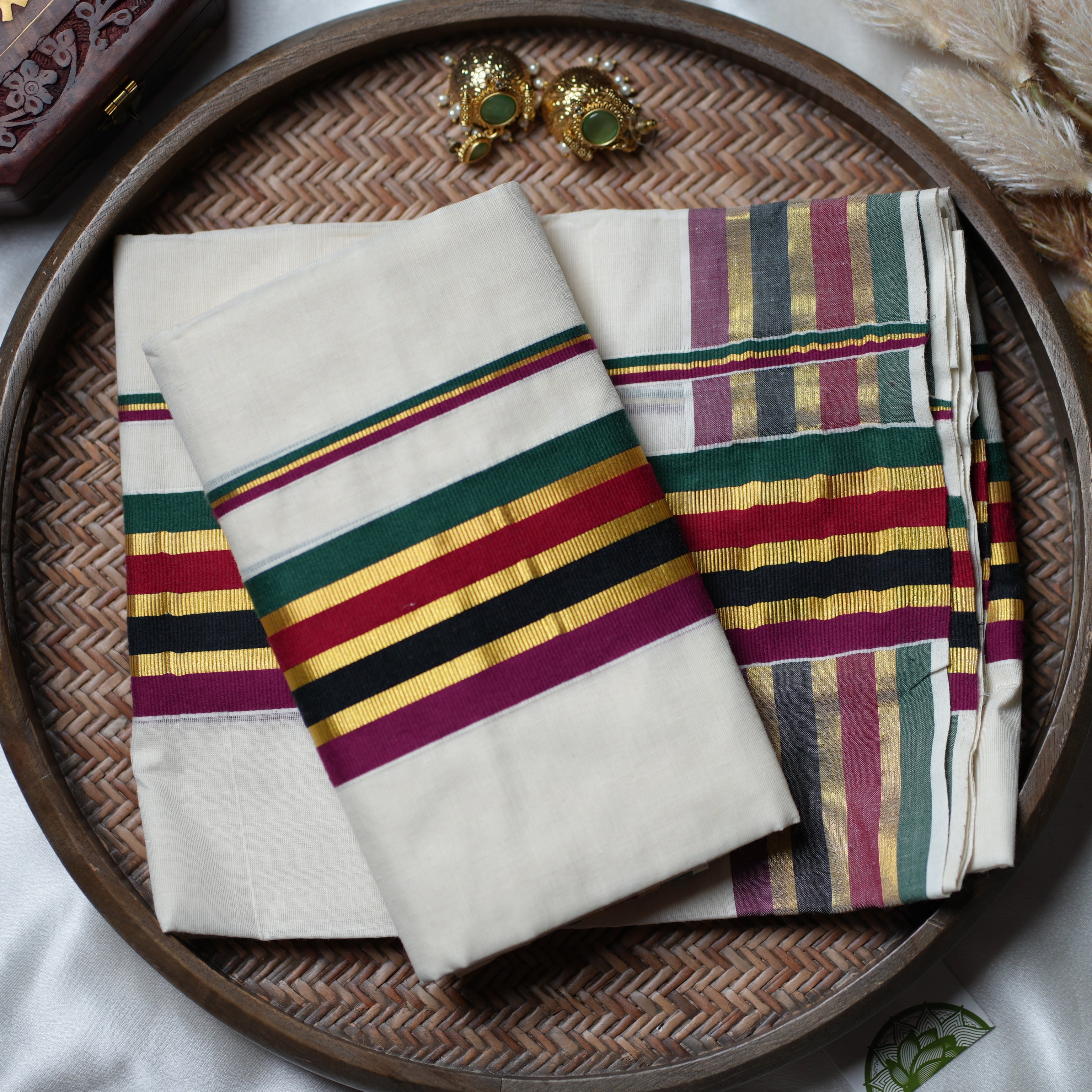 ✨ Golden Flora Festive Twist: The Vibrant Multi-Stripe Kerala Set Mundu ✨