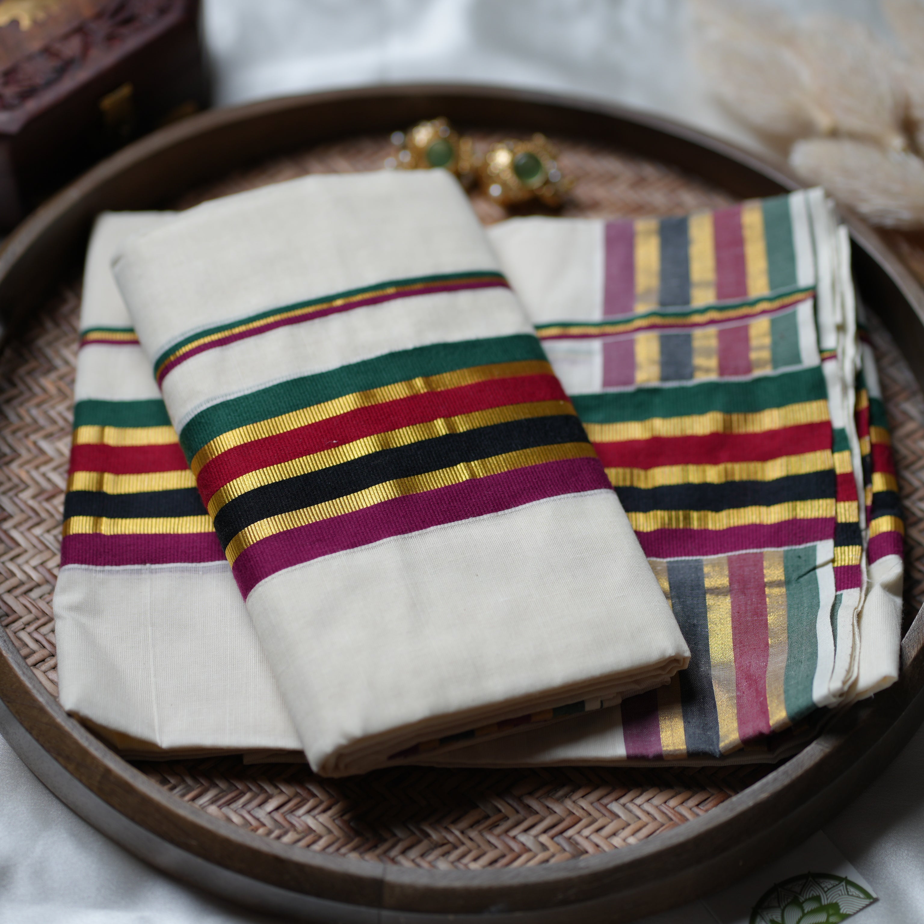 ✨ Golden Flora Festive Twist: The Vibrant Multi-Stripe Kerala Set Mundu ✨