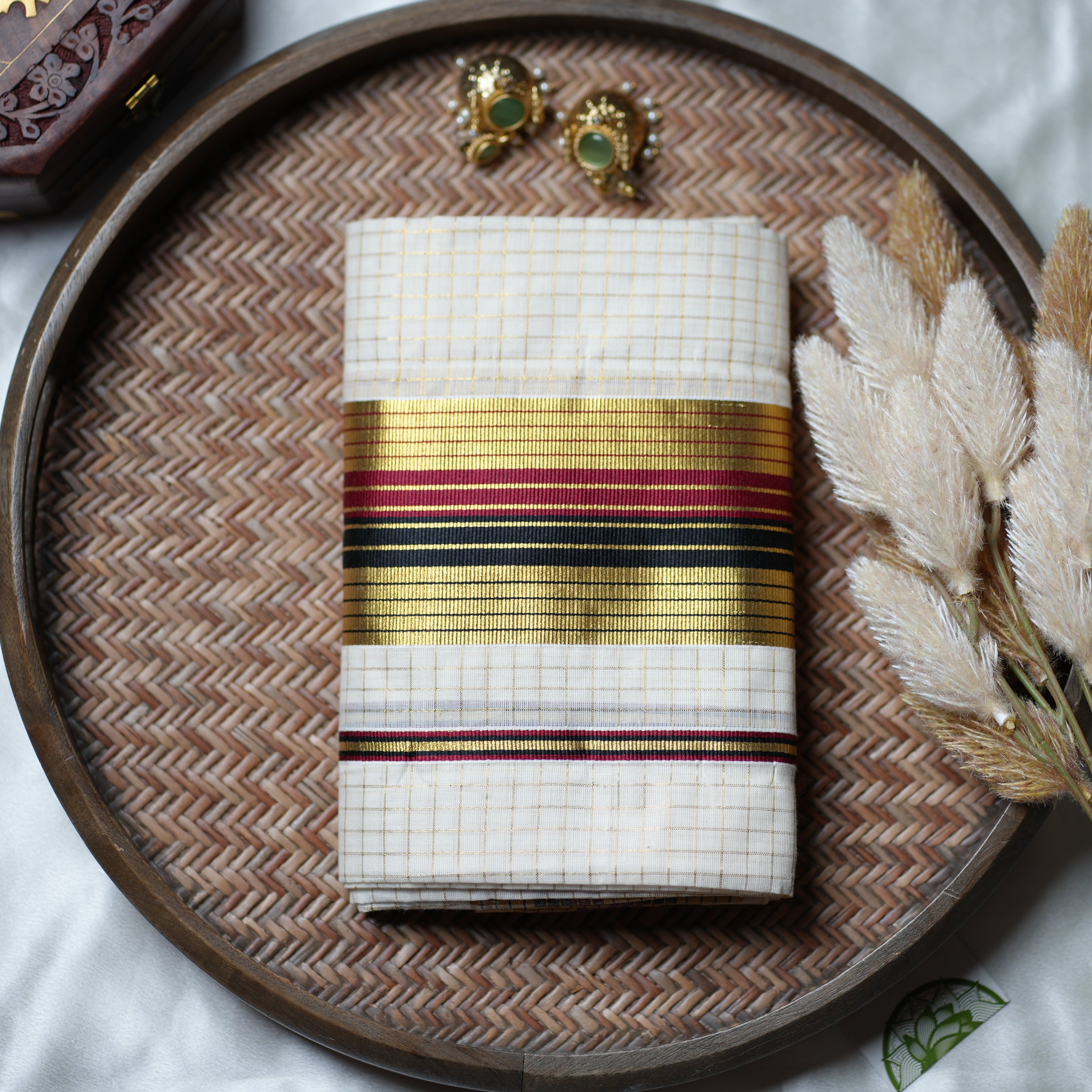 ✨ Golden Check Heritage: The Multi-Stripe Kerala Set Mundu ✨