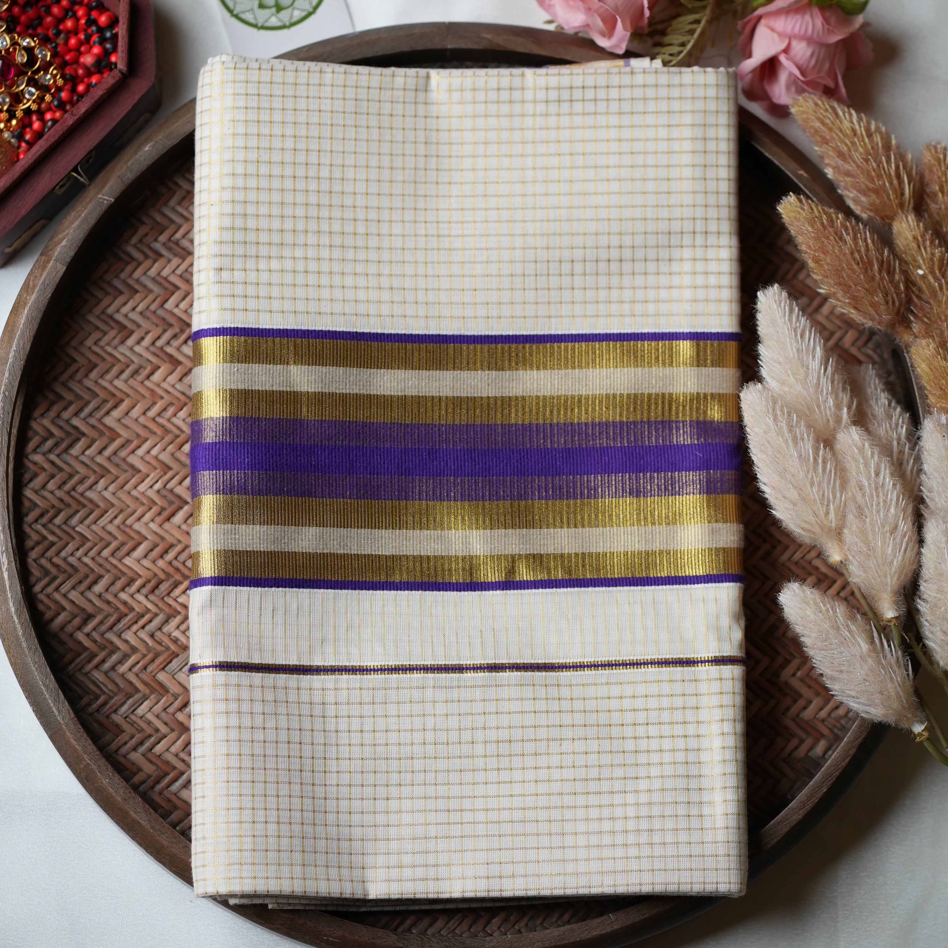 Royal Violet & Golden Grid: The Premium Pure Cotton Kerala Saree 💜