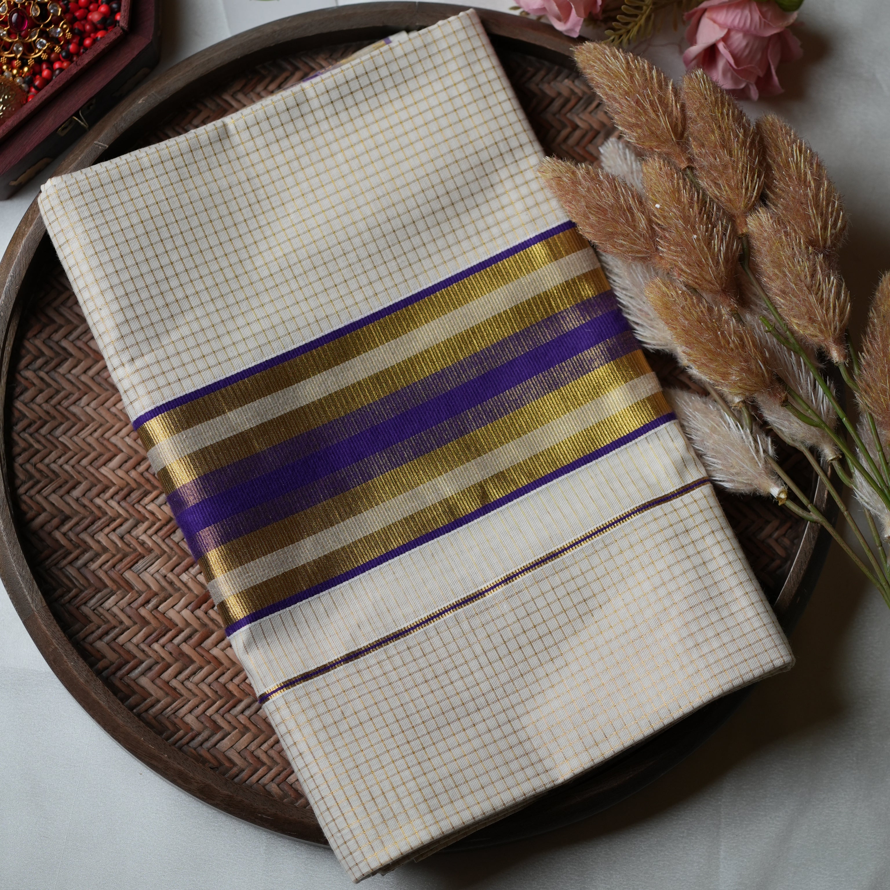 Royal Violet & Golden Grid: The Premium Pure Cotton Kerala Saree 💜