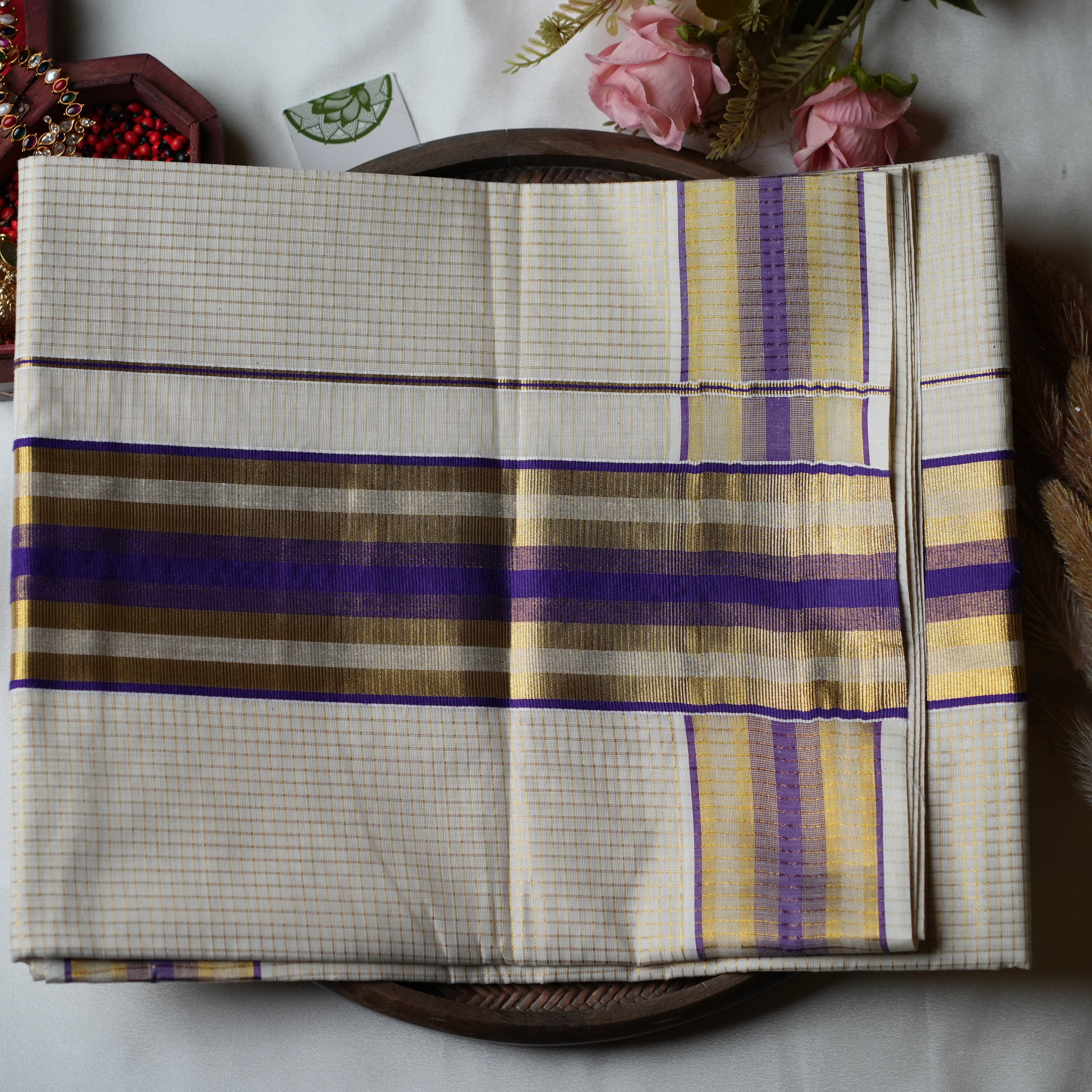 Royal Violet & Golden Grid: The Premium Pure Cotton Kerala Saree 💜