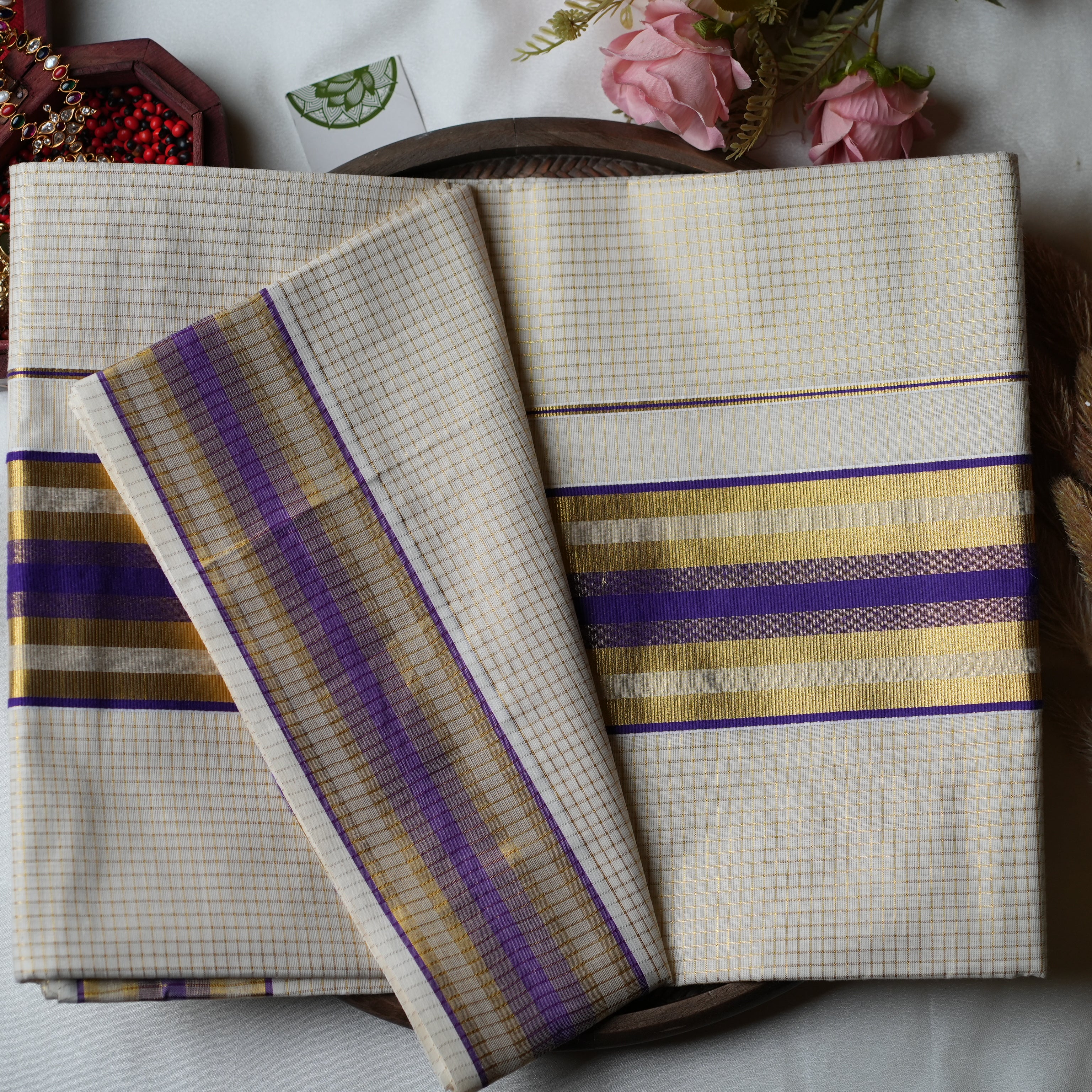 Royal Violet & Golden Grid: The Premium Pure Cotton Kerala Saree 💜
